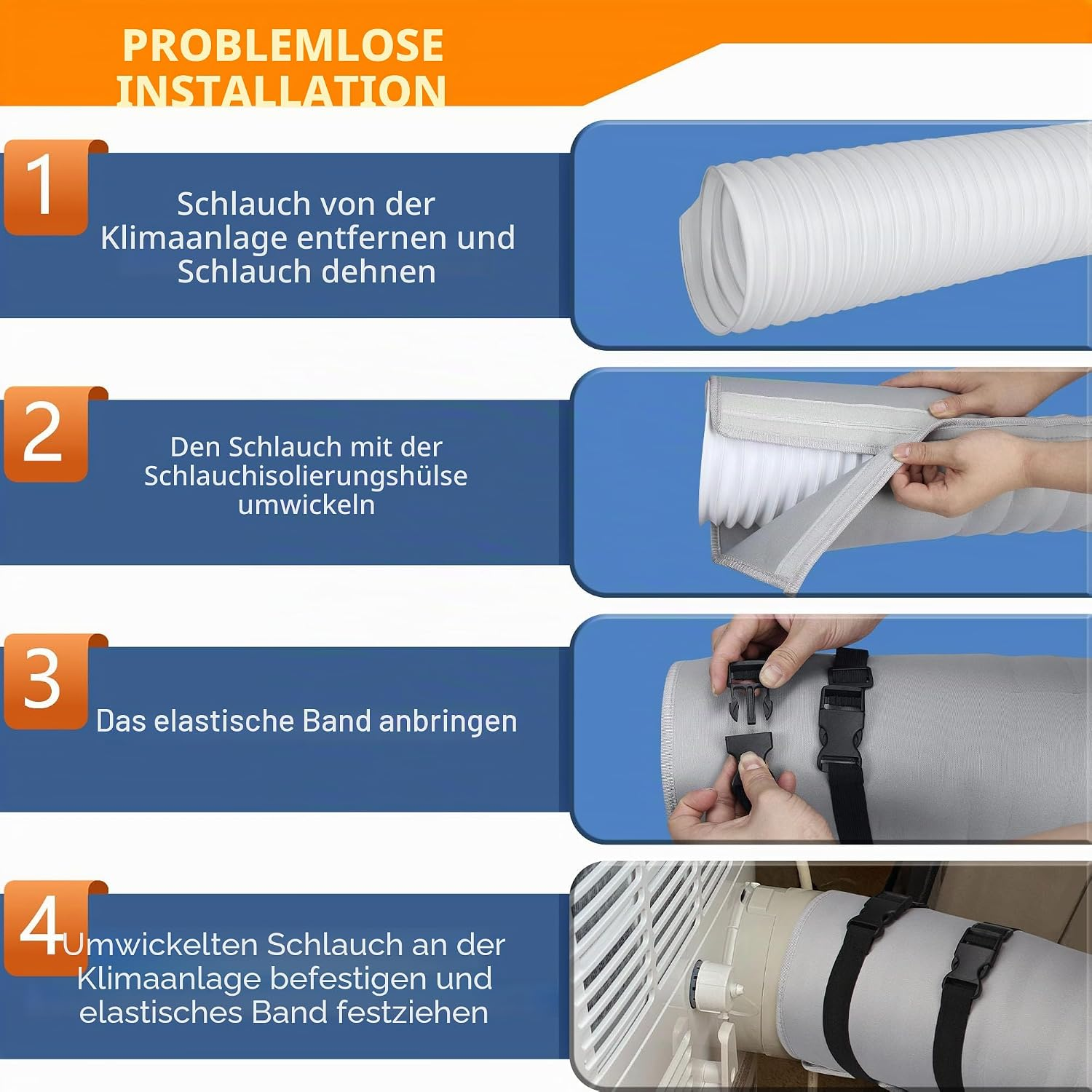 Schritt-für-Schritt-Anleitung zur Installation eines Schlauchs an einer Klimaanlage.