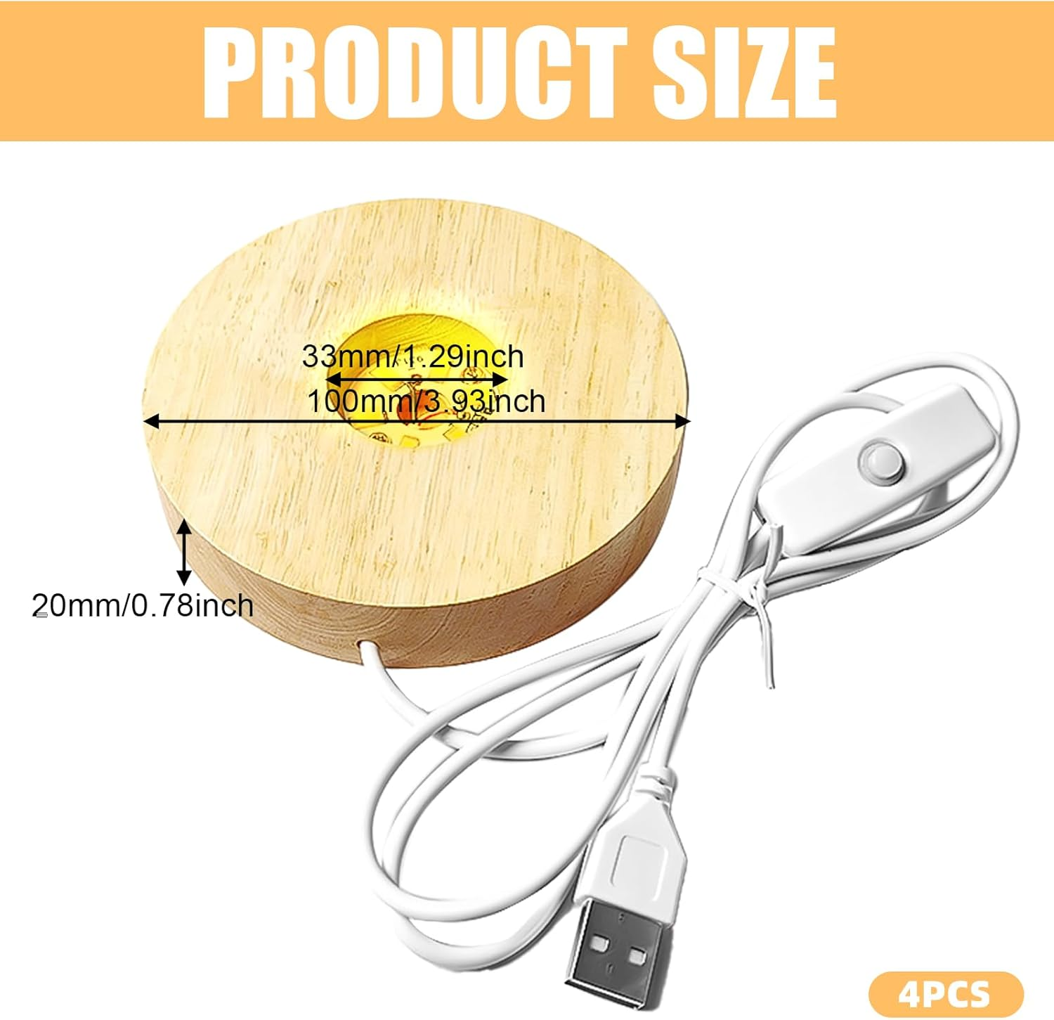 Holzsockel mit USB-Kabel. Maße: 100mm breit, 33mm tief, 20mm hoch.
