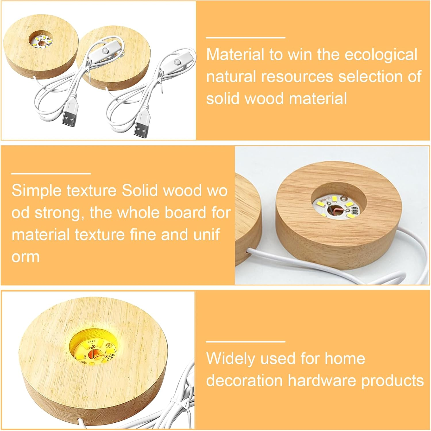 Zwei Holzsockel mit USB-Kabeln und Lichtern, für Heimdeko.