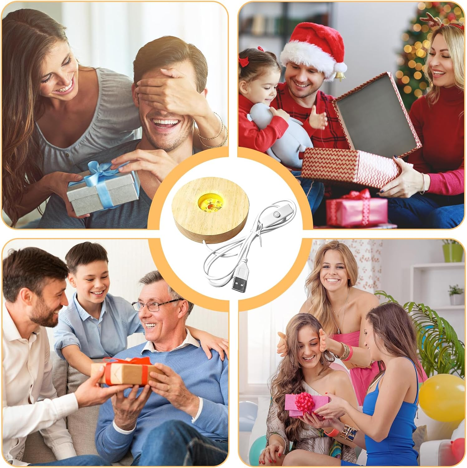 Frau gibt Mann Geschenk, er schließt die Augen. Familie öffnet Weihnachtsgeschenk. Sohn gibt Großvater Geschenk. Frauen geben Geschenk.