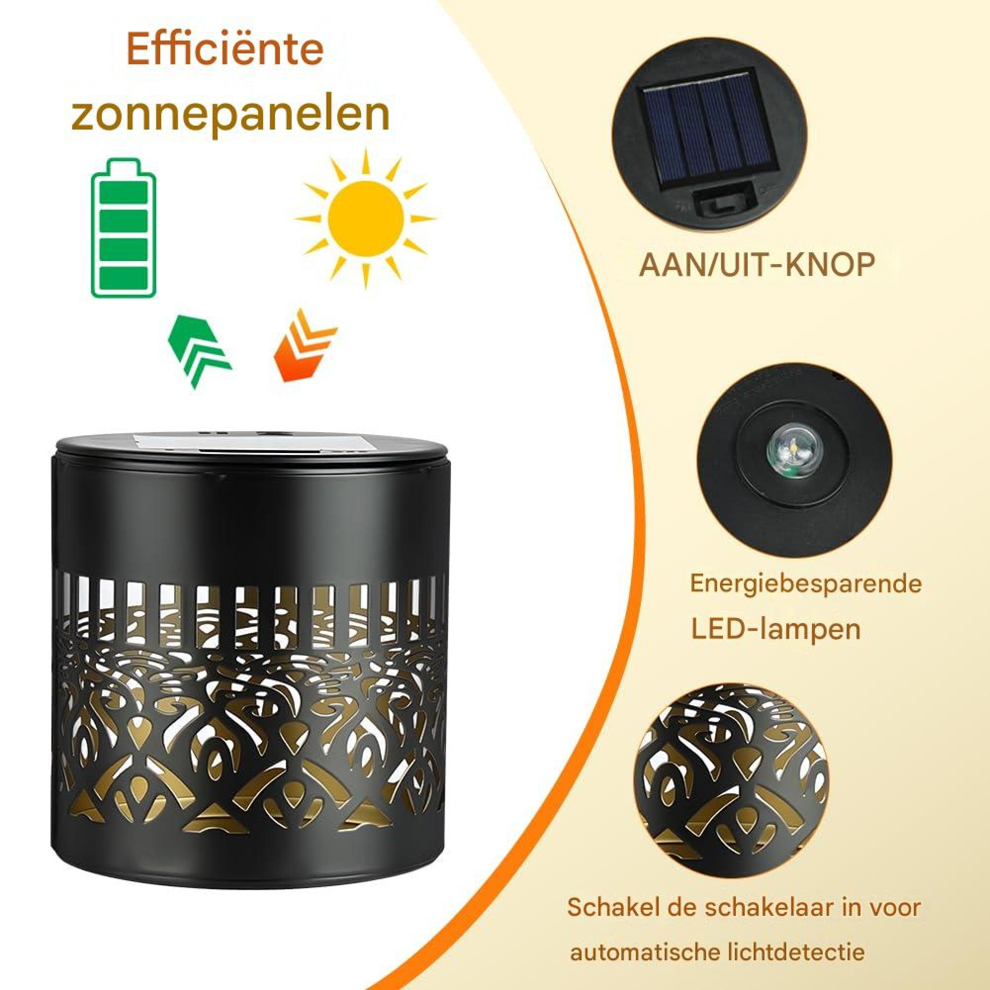 Schwarze Solarleuchte mit dekorativem Muster, Solarpanel, LED und Schalter.