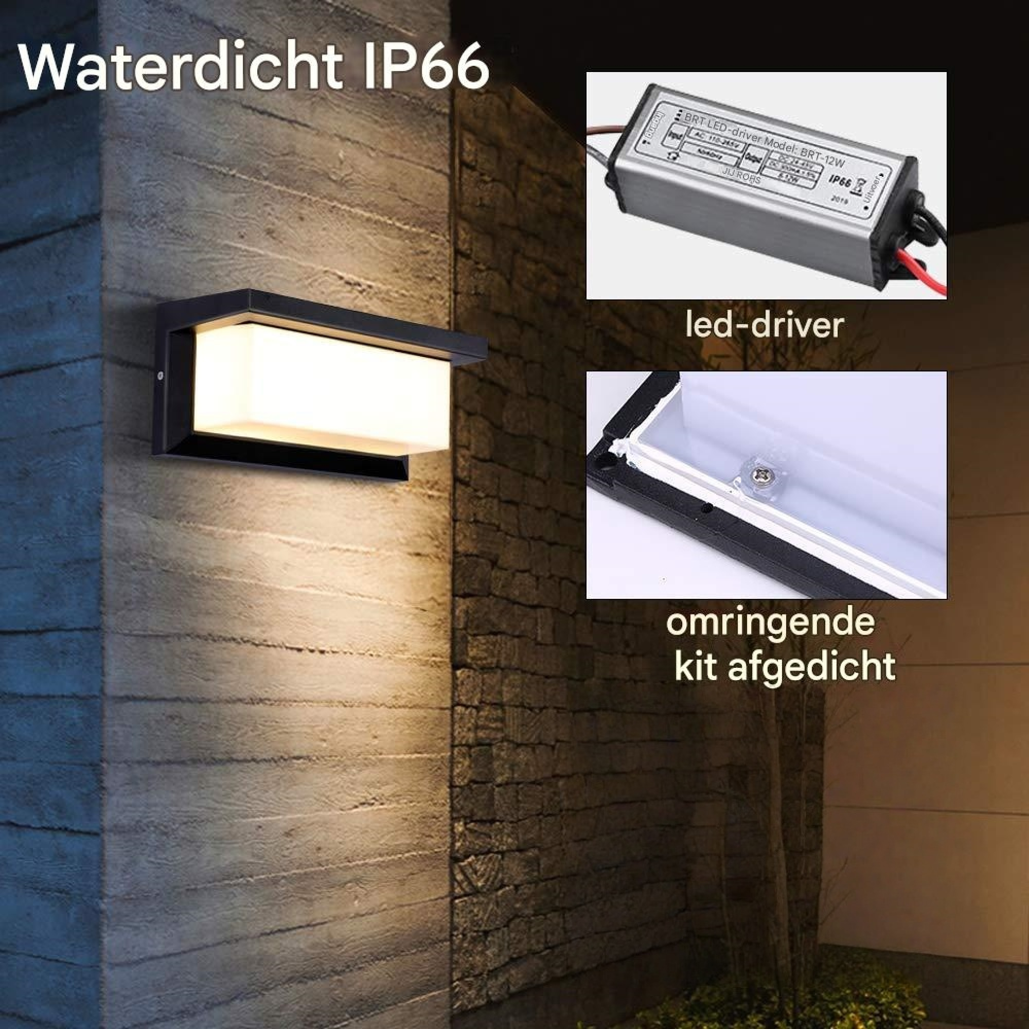 Wasserdichte Lampe mit LED-Treiber und versiegelter Umrandung an einer Steinwand.