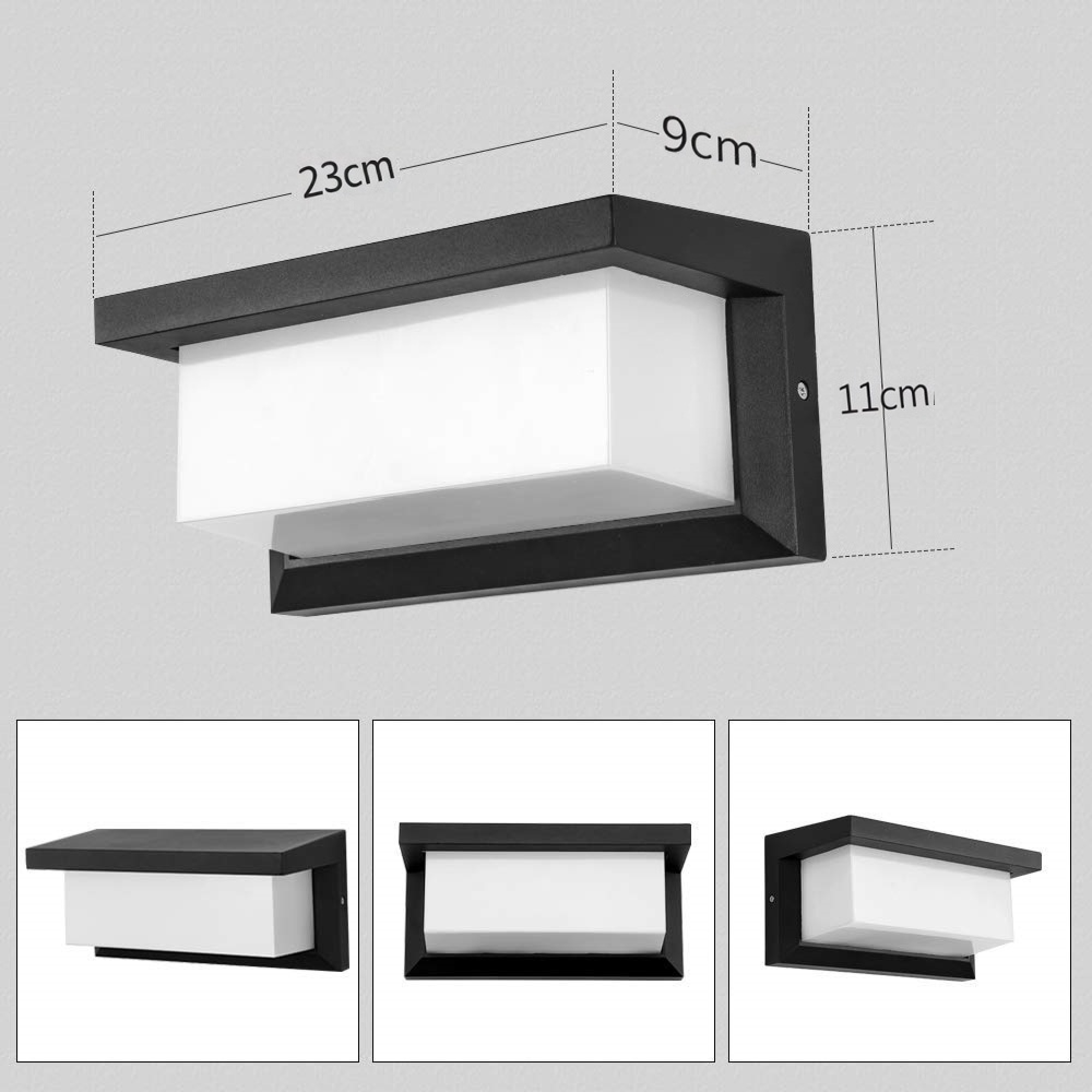 Schwarze Wandleuchte mit weißem Diffusor, Maße 23x9x11cm.