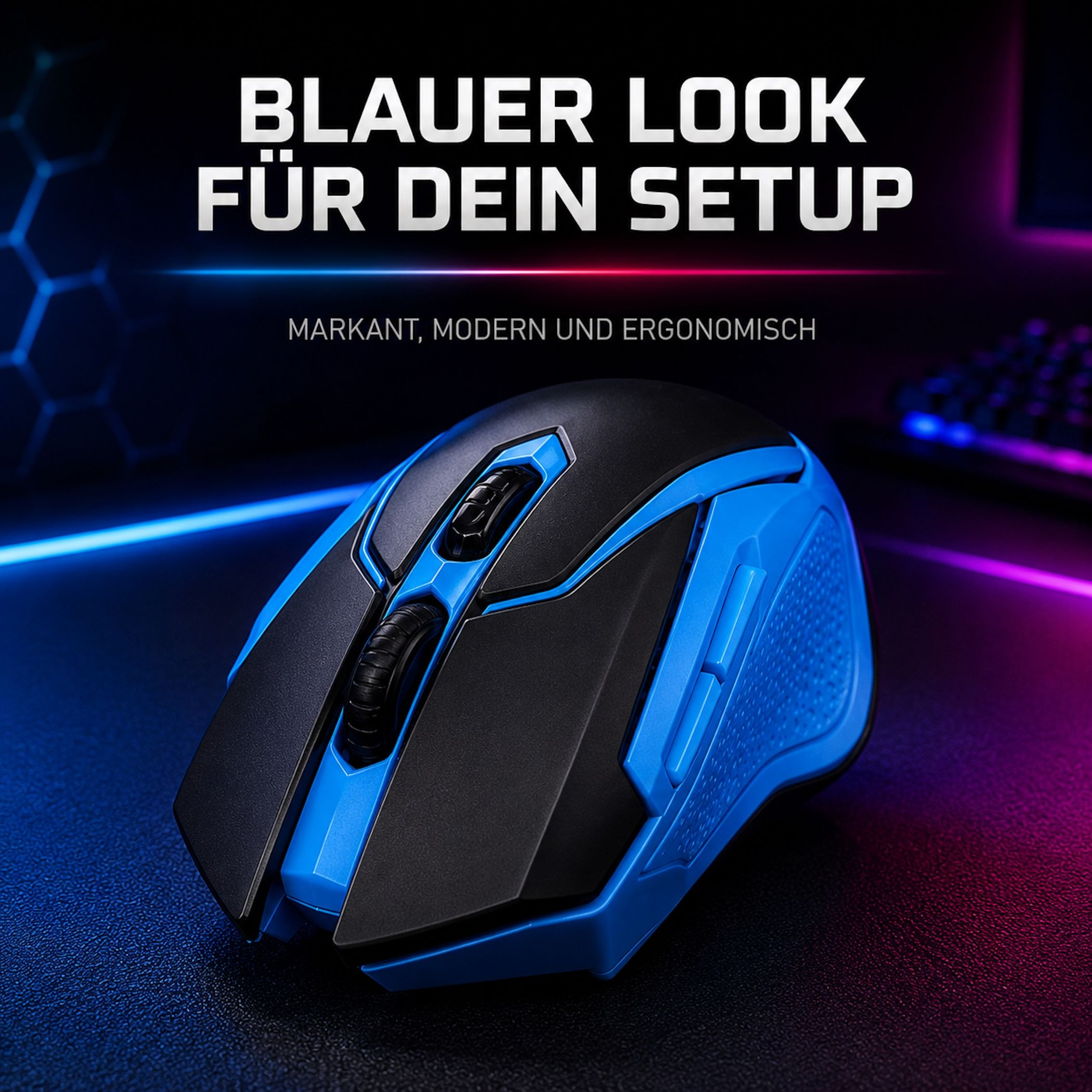 Eine blaue und schwarze Gaming-Maus mit Scrollrad und Tasten.