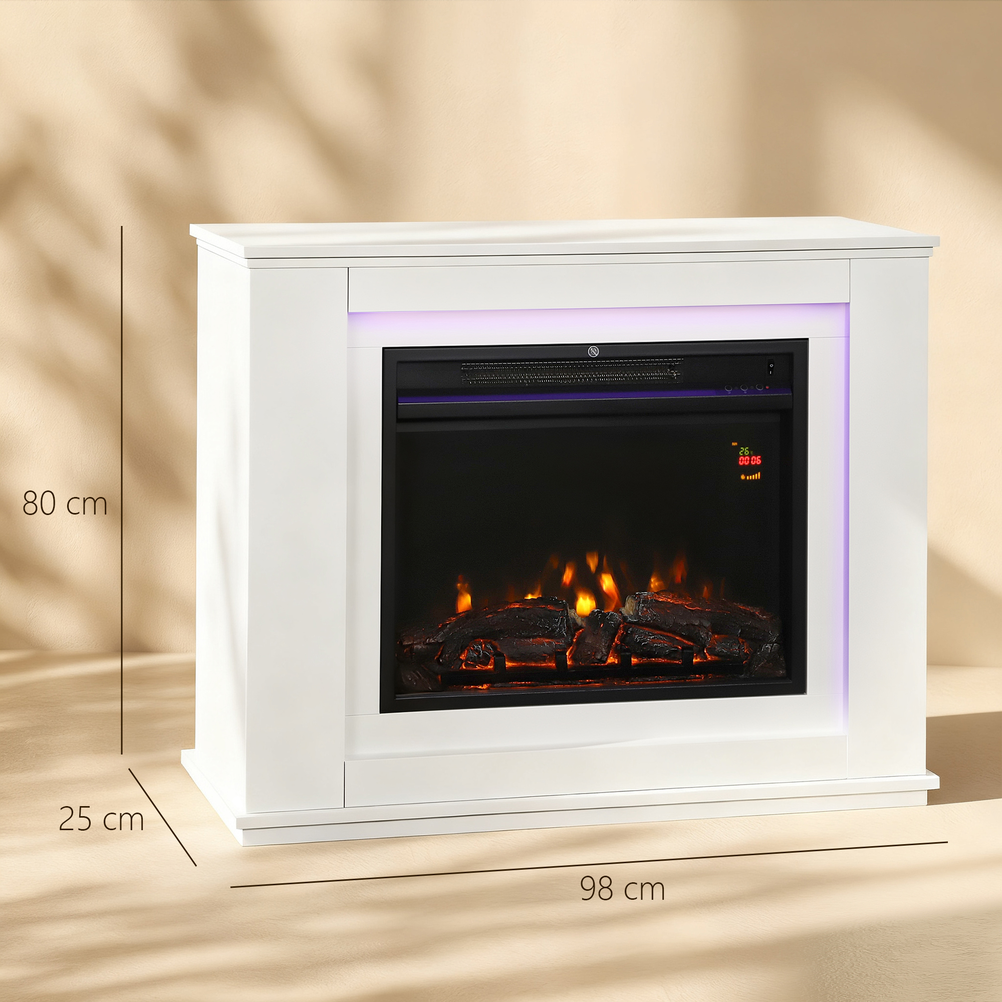 Un camino elettrico bianco con illuminazione a LED e fiamme realistiche.
