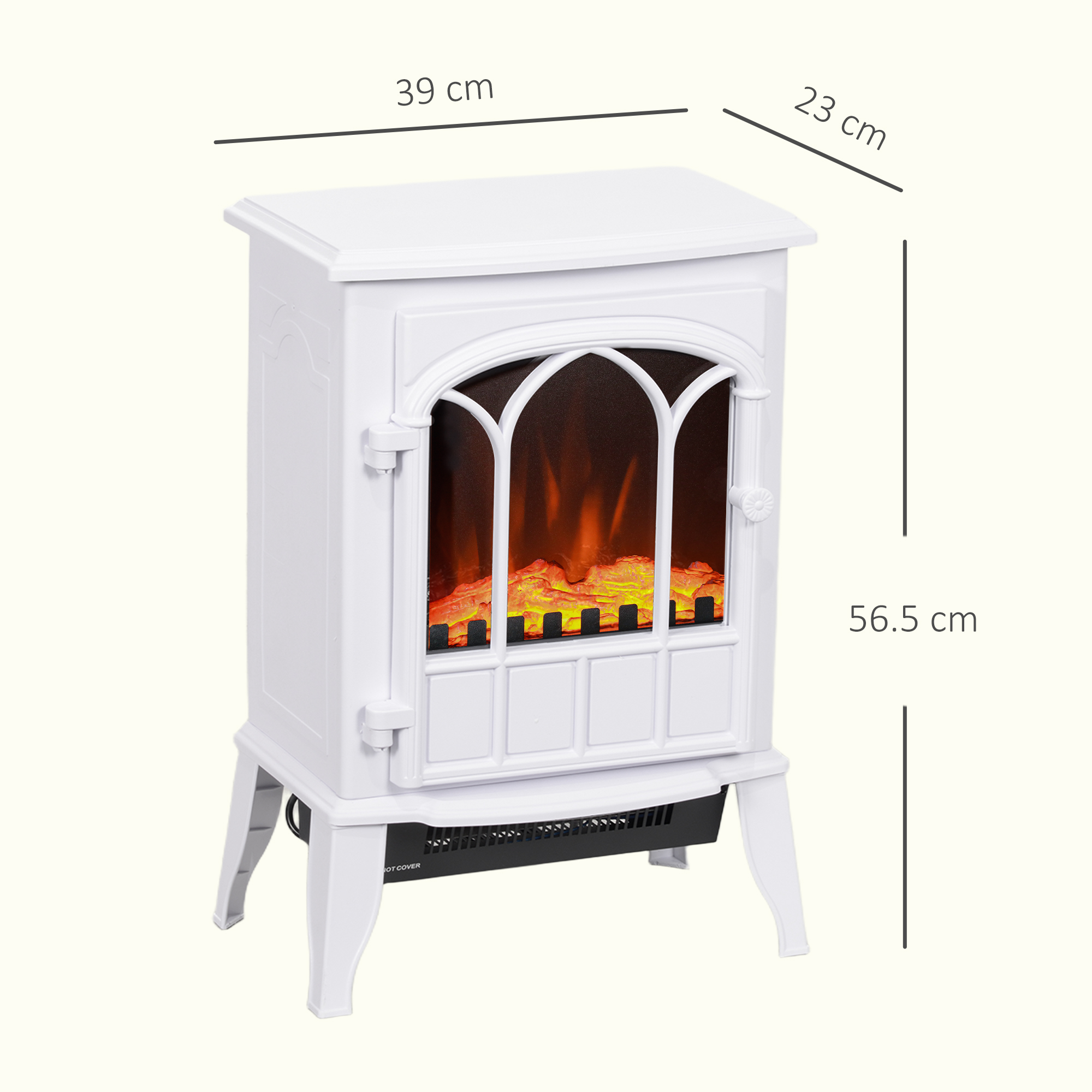 Un camino elettrico bianco con effetto fiamma, dimensioni 39x23x56,5 cm.