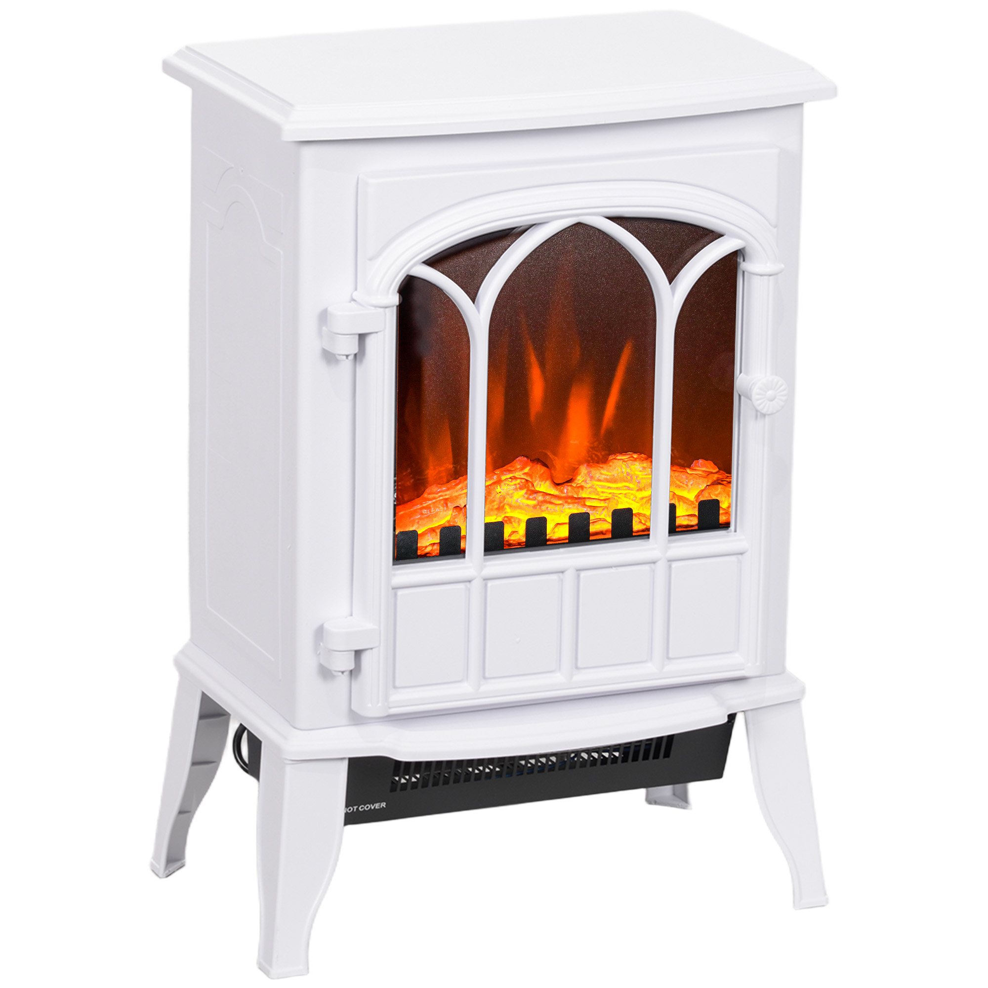 Un caminetto elettrico bianco con effetto fiamma e griglia davanti al fuoco.