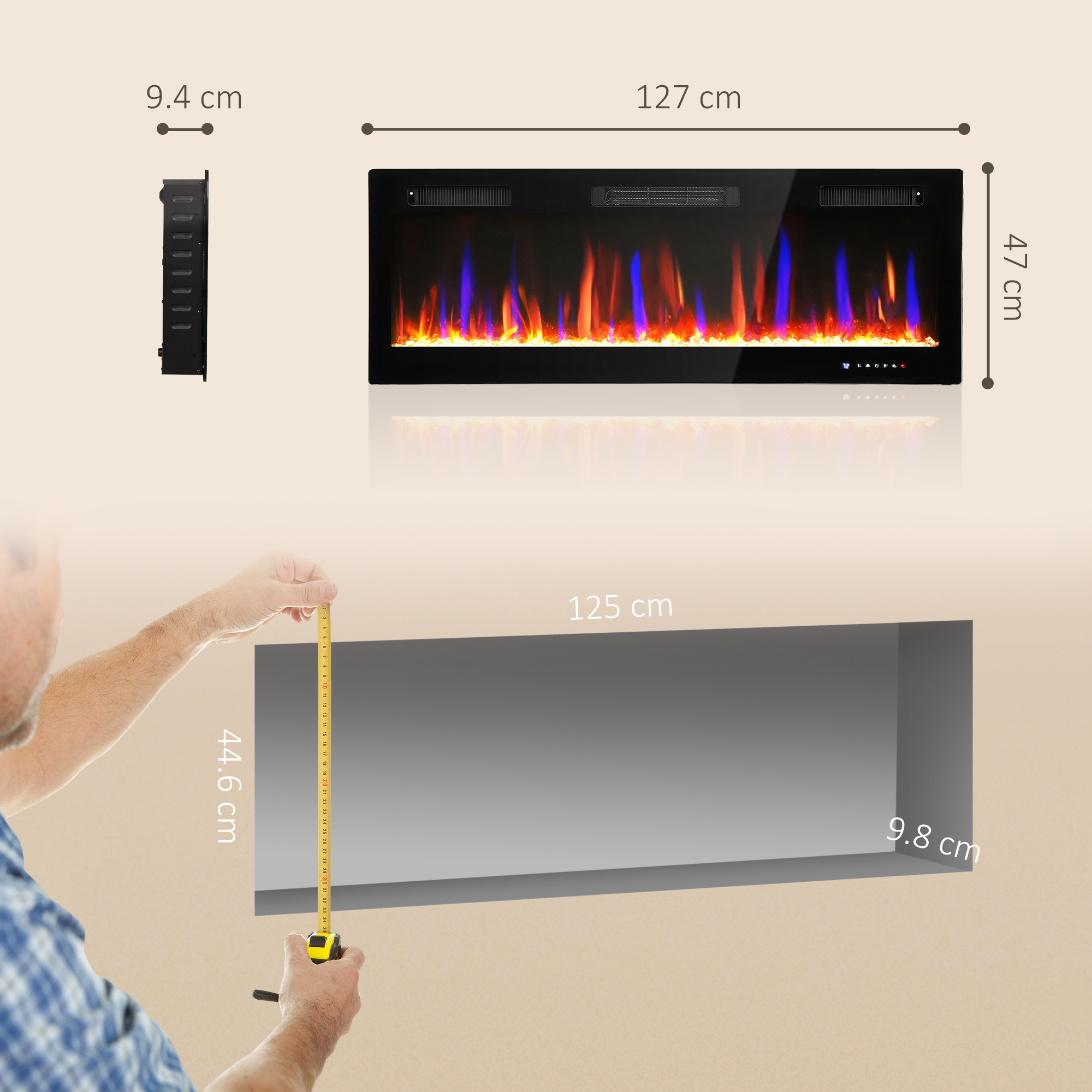 Dimensioni del camino: larghezza 127 cm, altezza 47 cm, profondità 9,4 cm.