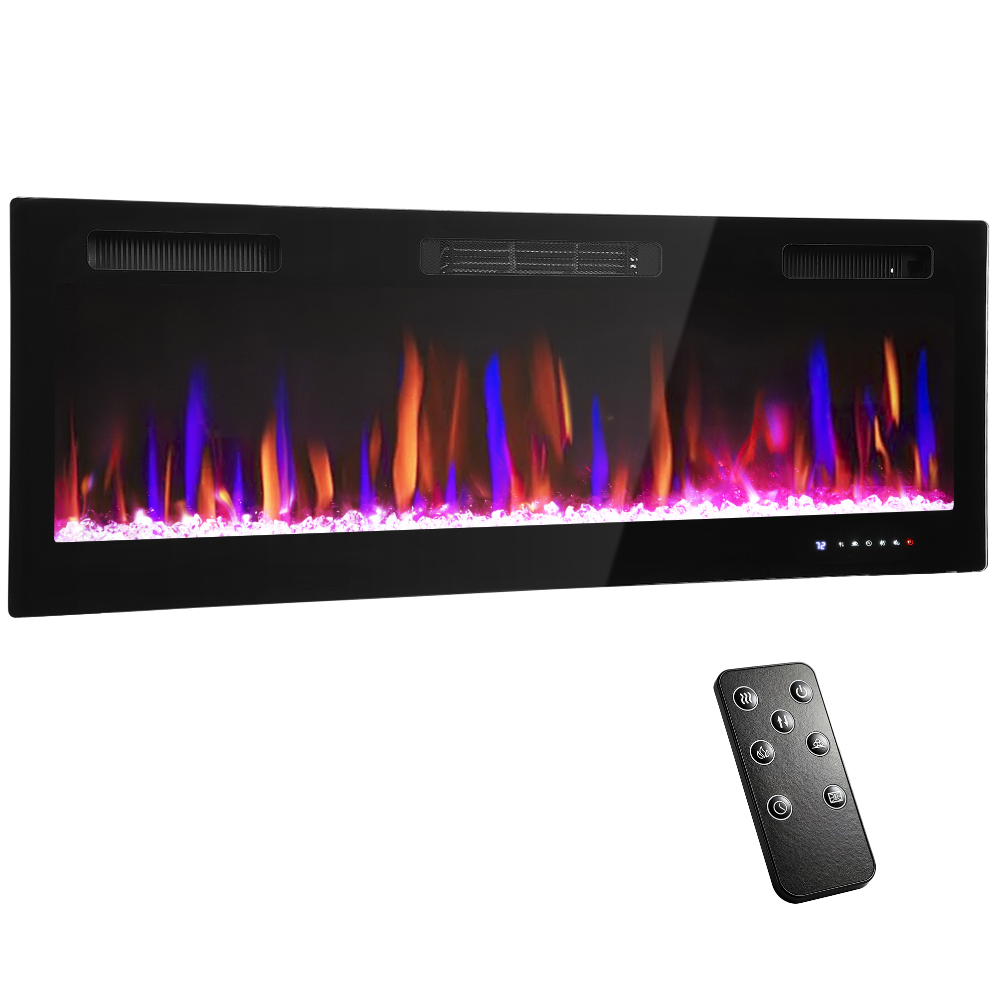 Camino elettrico nero con fiamme LED e telecomando.