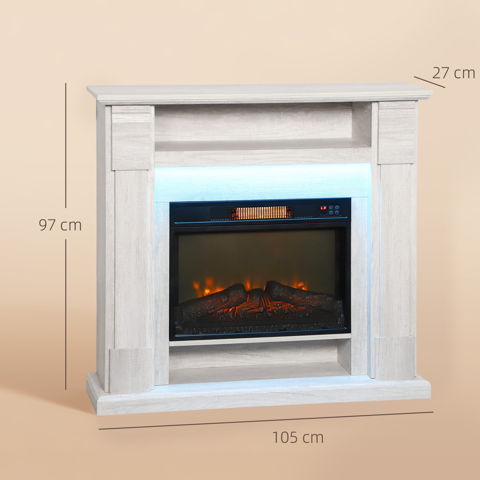 Una cornice per camino bianca con fuoco elettrico, fiamme e illuminazione.