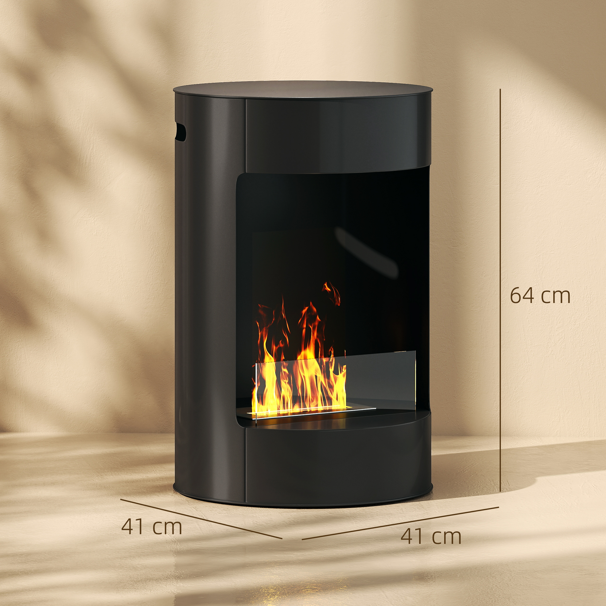 Camino rotondo nero con fiamme, alto 64cm, largo 41cm.