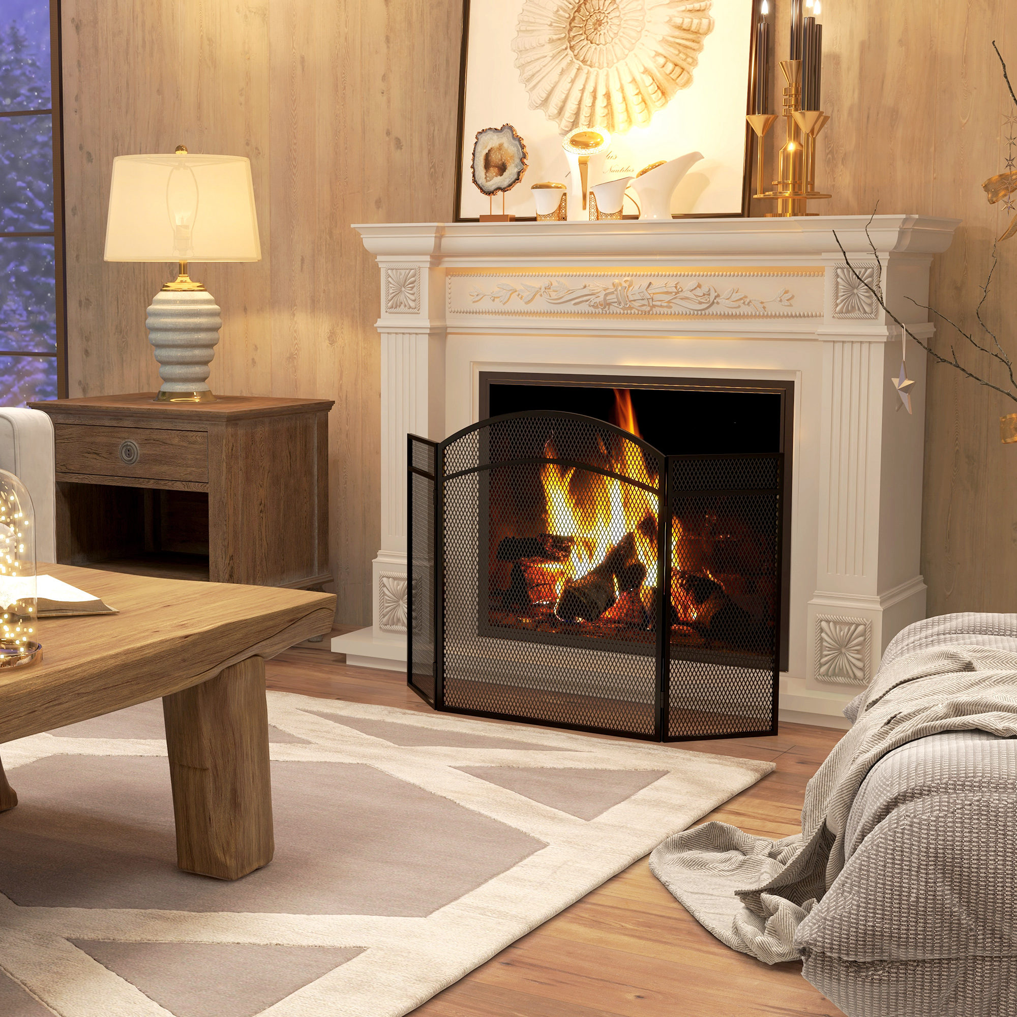 Una acogedora sala de estar con chimenea, sofá y mesa de madera.