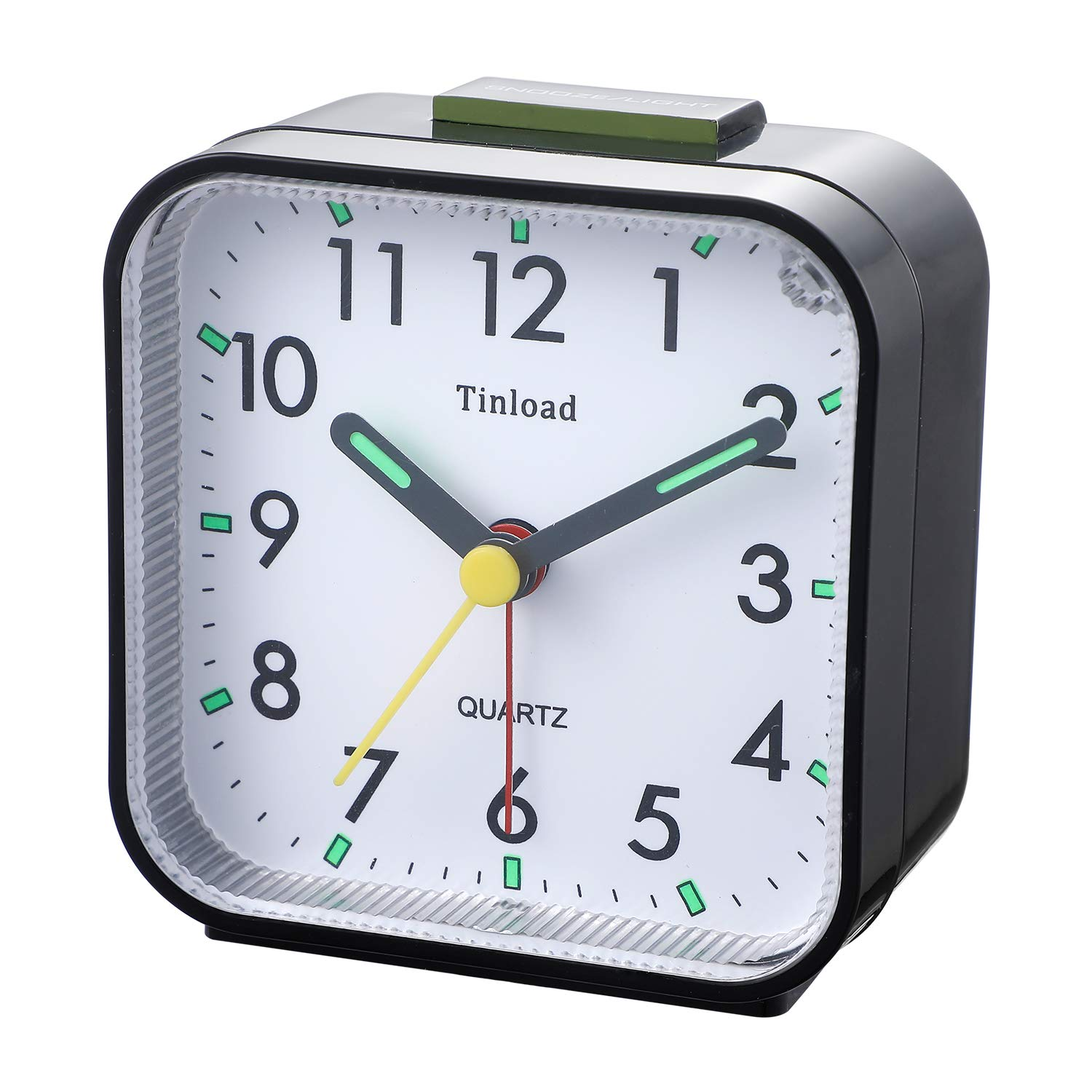 Schwarzer Wecker mit weißem Zifferblatt und schwarzen Zahlen. Zeiger zeigen 10:10.