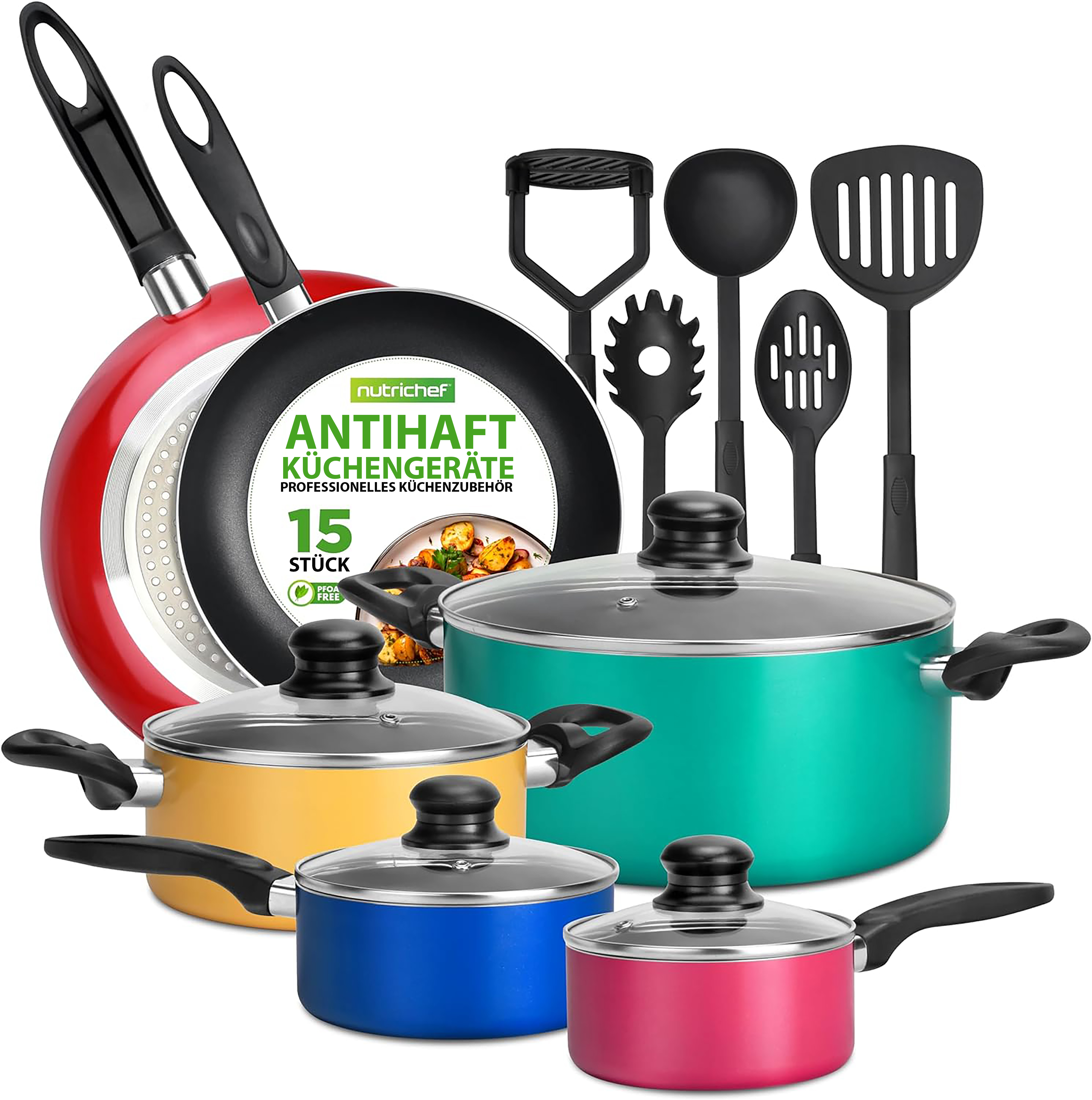 Bunte Kochgeschirr-Set mit Pfanne, Töpfen und Kochutensilien.