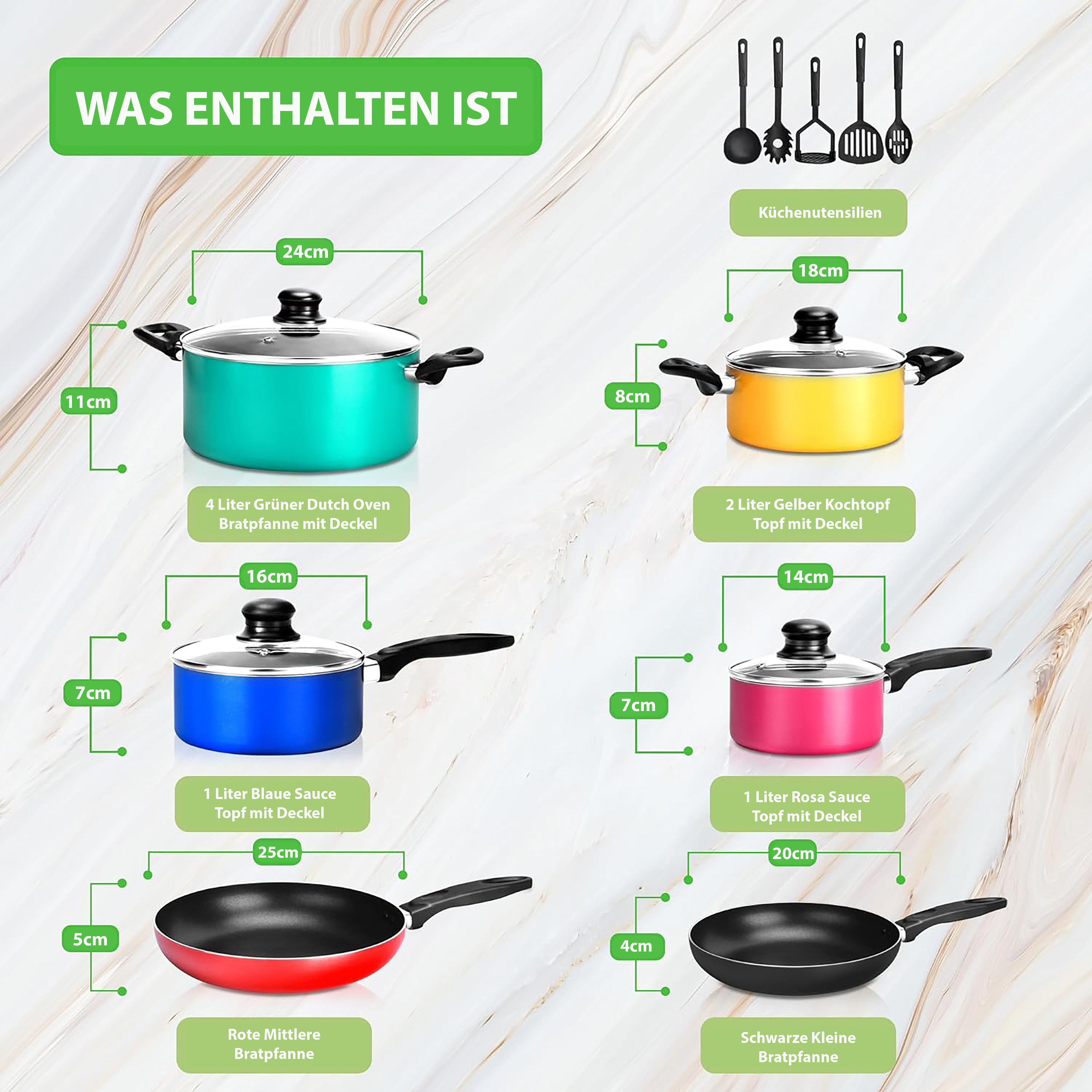 Set mit Kochgeschirr und Küchenutensilien: grüne, gelbe, blaue, rosa Töpfe, rote und schwarze Pfannen.