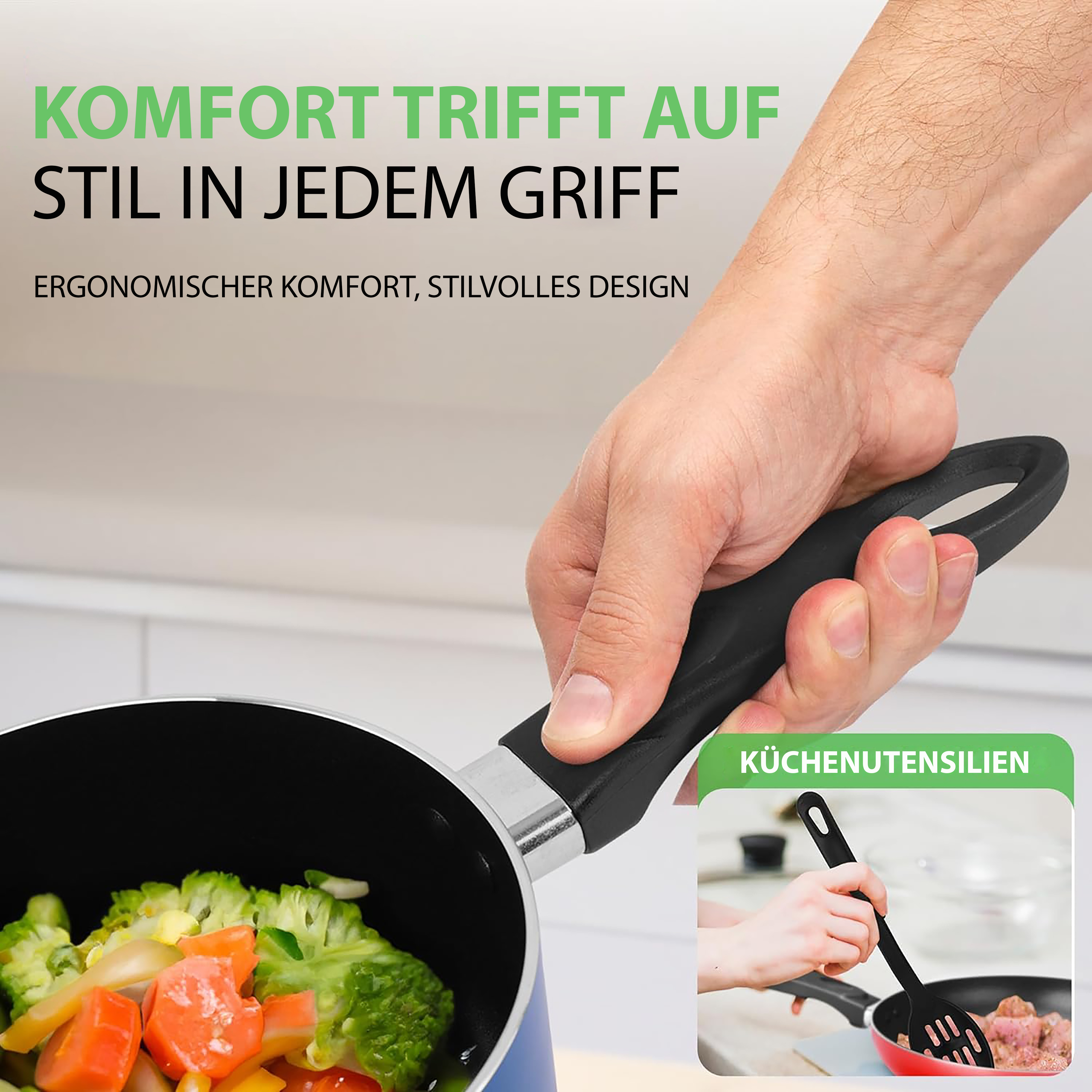 Hand hält Kochtopf mit Gemüse und Pfanne mit Fleisch. Text: Küchenutensilien.