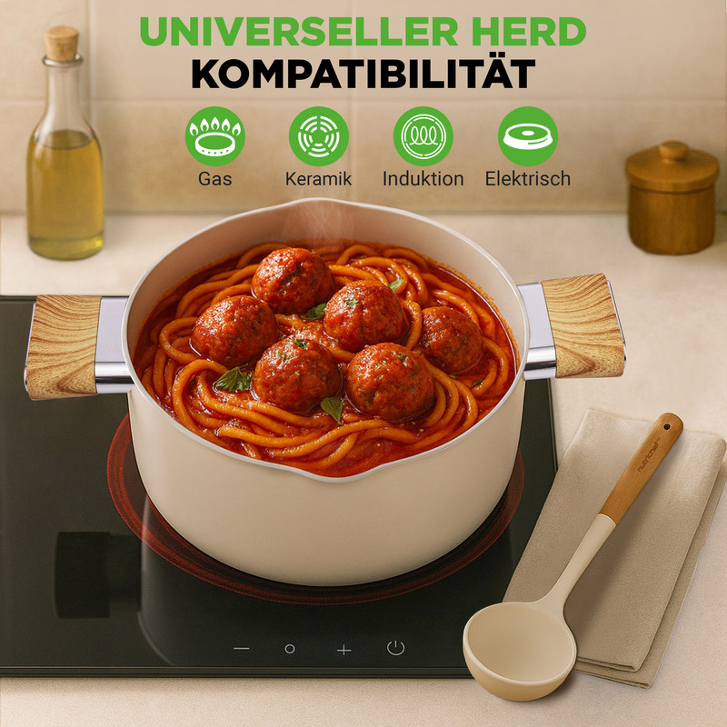 Ein Topf mit Spaghetti und Fleischbällchen auf einem Induktionskochfeld.