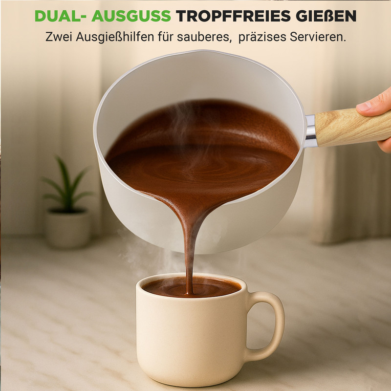 Braune Flüssigkeit wird aus einem Topf in eine beige Tasse gegossen.