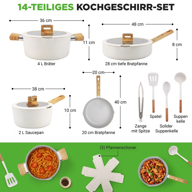 Ein 14-teiliges Kochgeschirr-Set mit Töpfen, Pfannen und Kochutensilien.