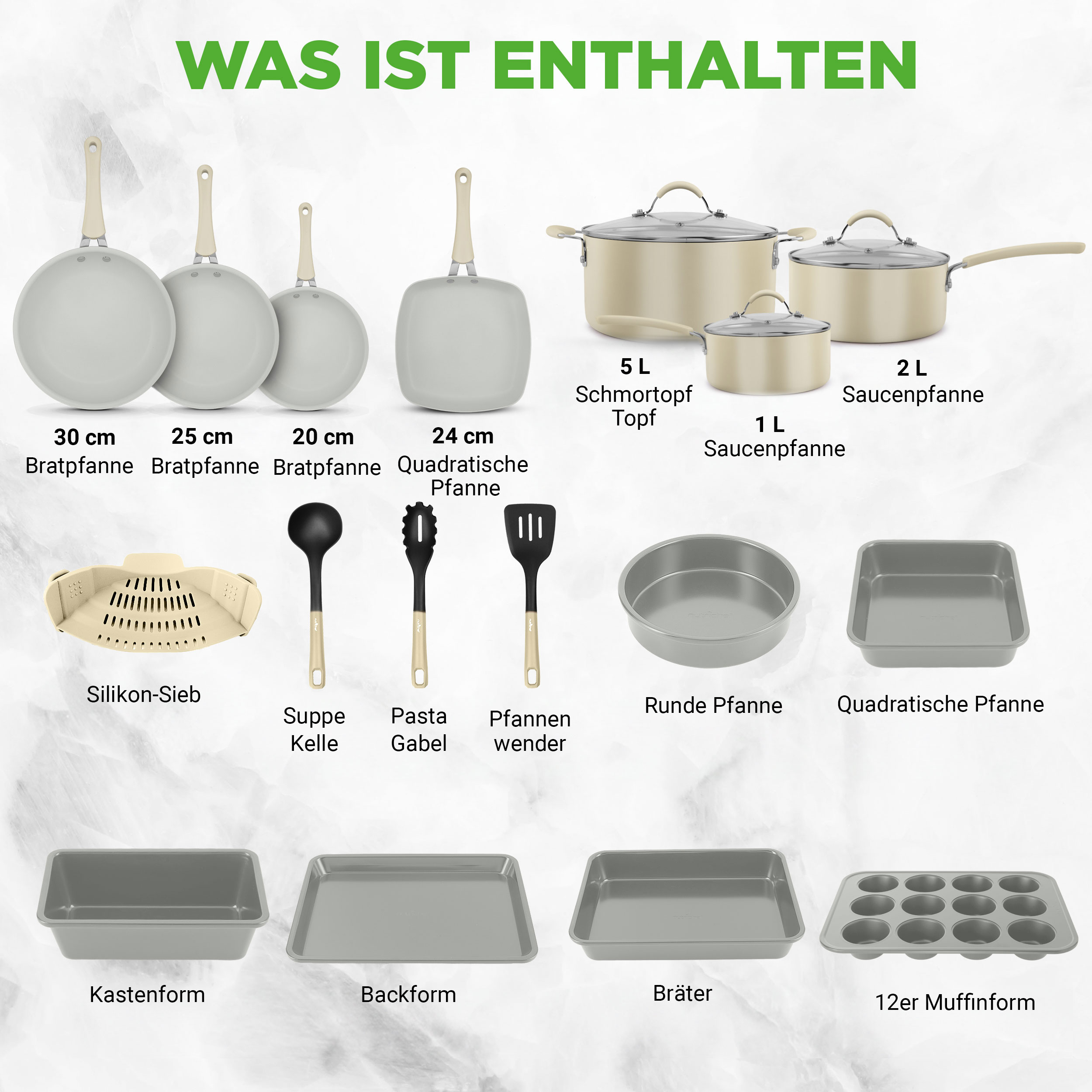 Eine Auswahl an Kochgeschirr, darunter Pfannen, Töpfe, Sieb und Utensilien.