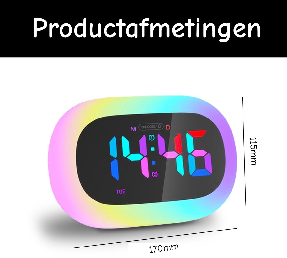 Ein digitaler Wecker mit Farbverlauf-Beleuchtung zeigt 14:46 an.