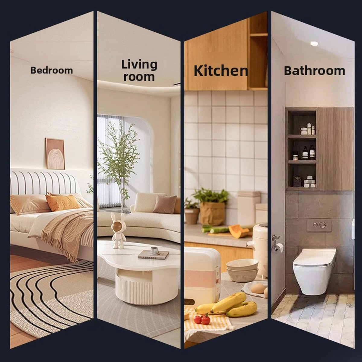 Vier Wohnbereiche: Schlafzimmer, Wohnzimmer, Küche und Bad, modern und hell.