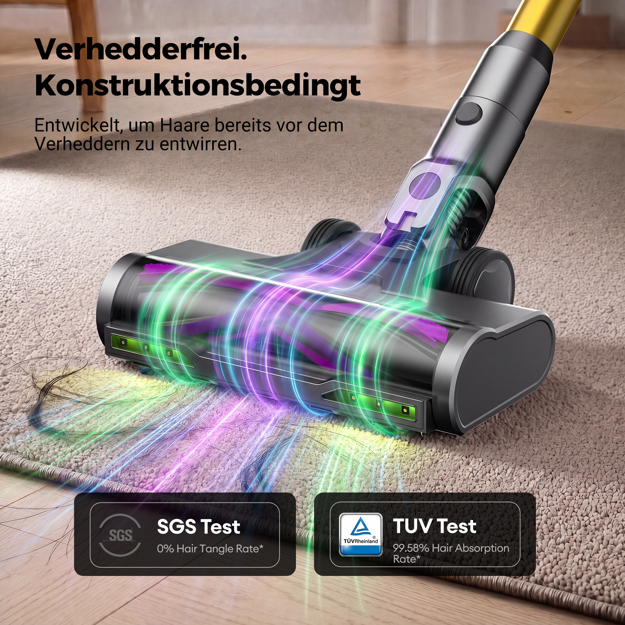 Ein Staubsaugerkopf saugt Haare auf, mit Lichteffekten, die den Vorgang zeigen.