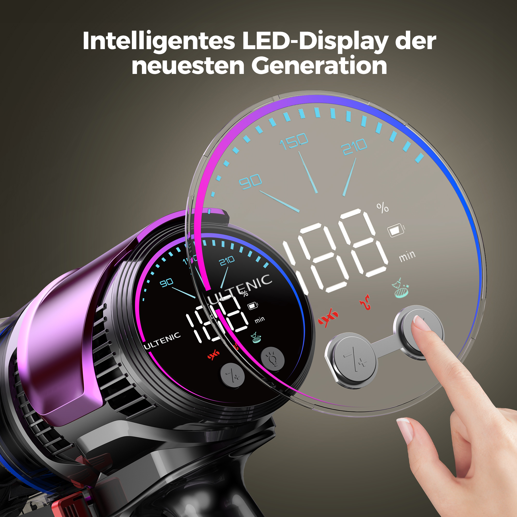 Ein Finger drückt auf ein Bedienfeld mit digitaler Anzeige. Ein Vakuumreiniger.