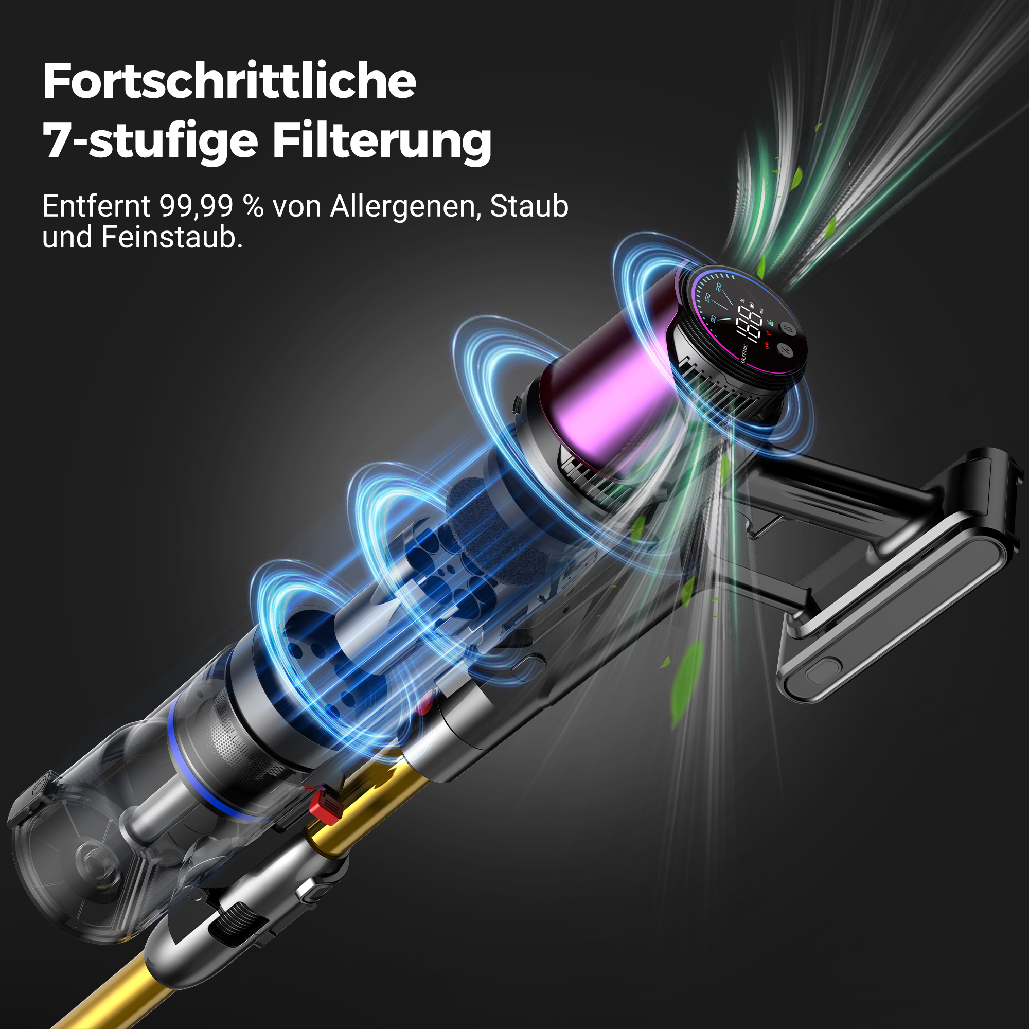 Ein Staubsaugerteil mit fortschrittlicher 7-stufiger Filterung und blauem Lichteffekt.