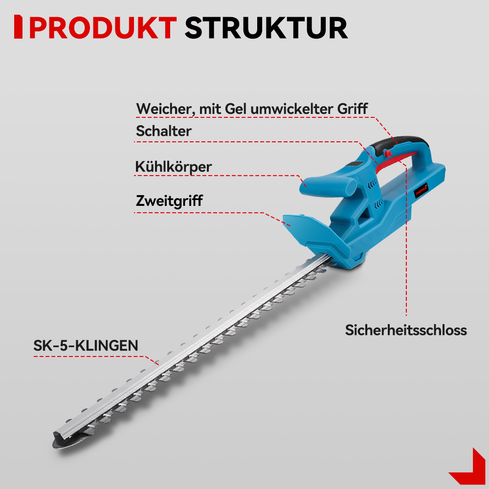 Blauer Heckenschneider mit silberner Klinge und Beschriftungen.