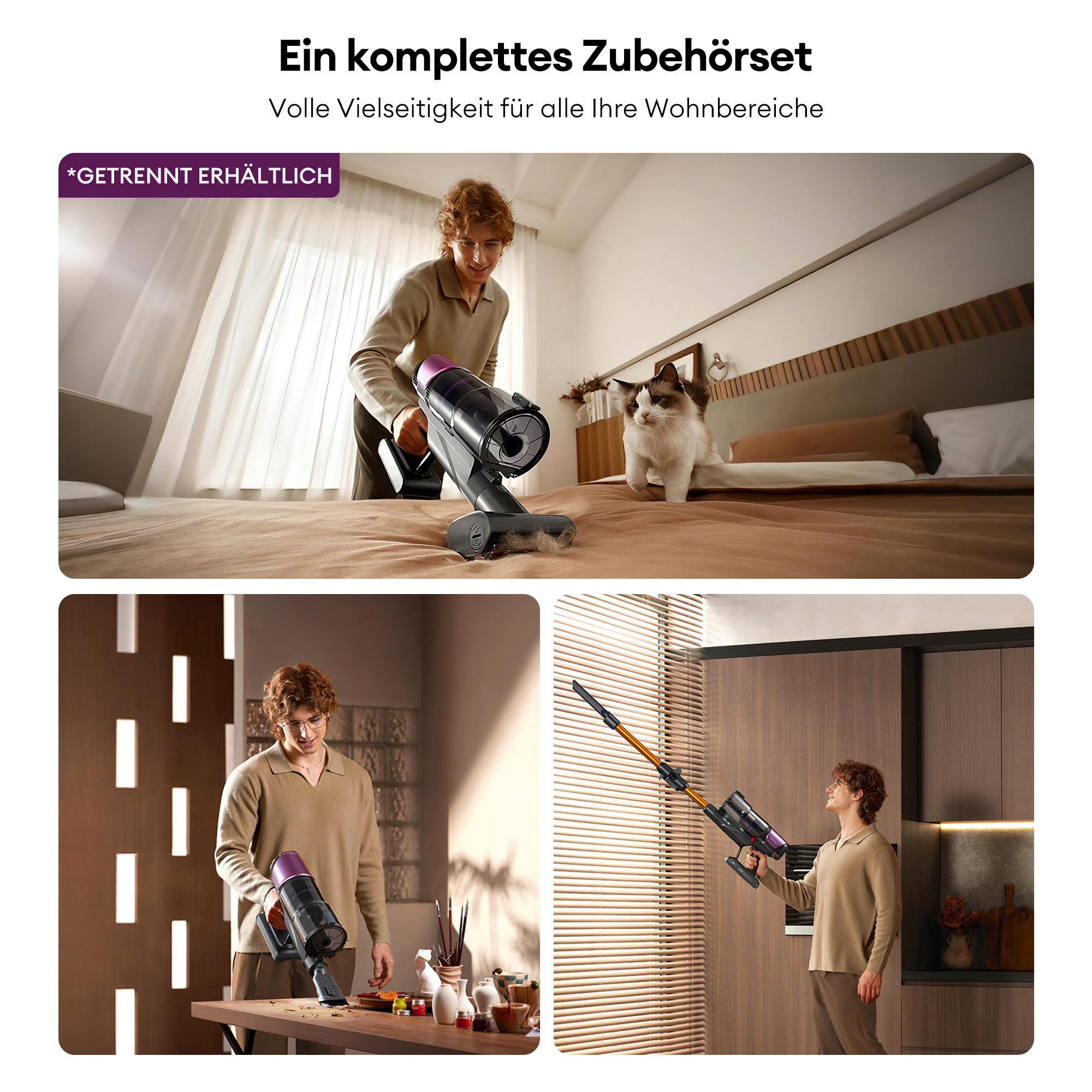 Mann saugt Bett, Mann saugt Tisch, Mann saugt Küche.