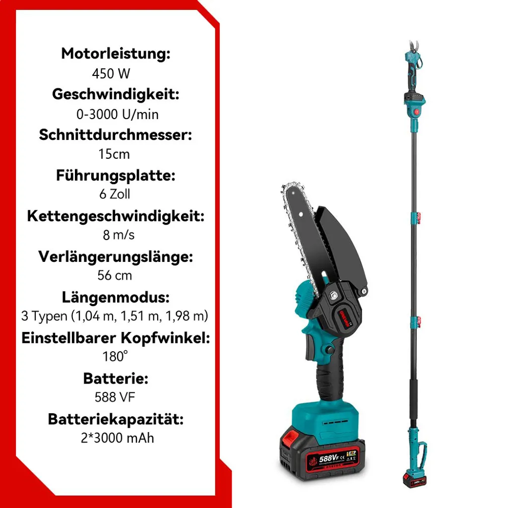 Zwei Kettensägen-Werkzeuge mit Akku und Verlängerungsstab. Technische Daten auf Deutsch.
