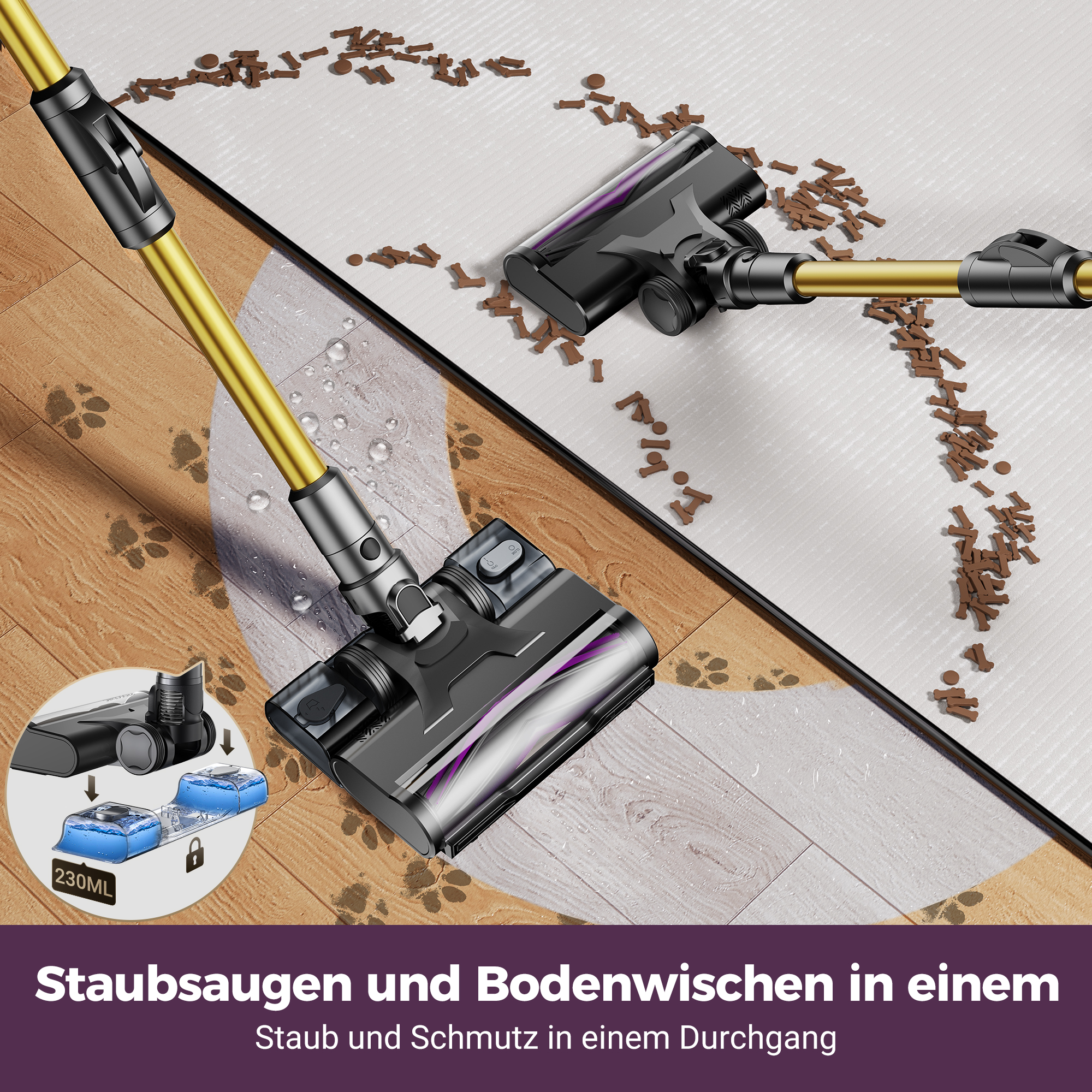 Ein goldener Stiel mit einem schwarzen Staubsaugerkopf auf einem Holzboden mit Pfotenabdrücken.