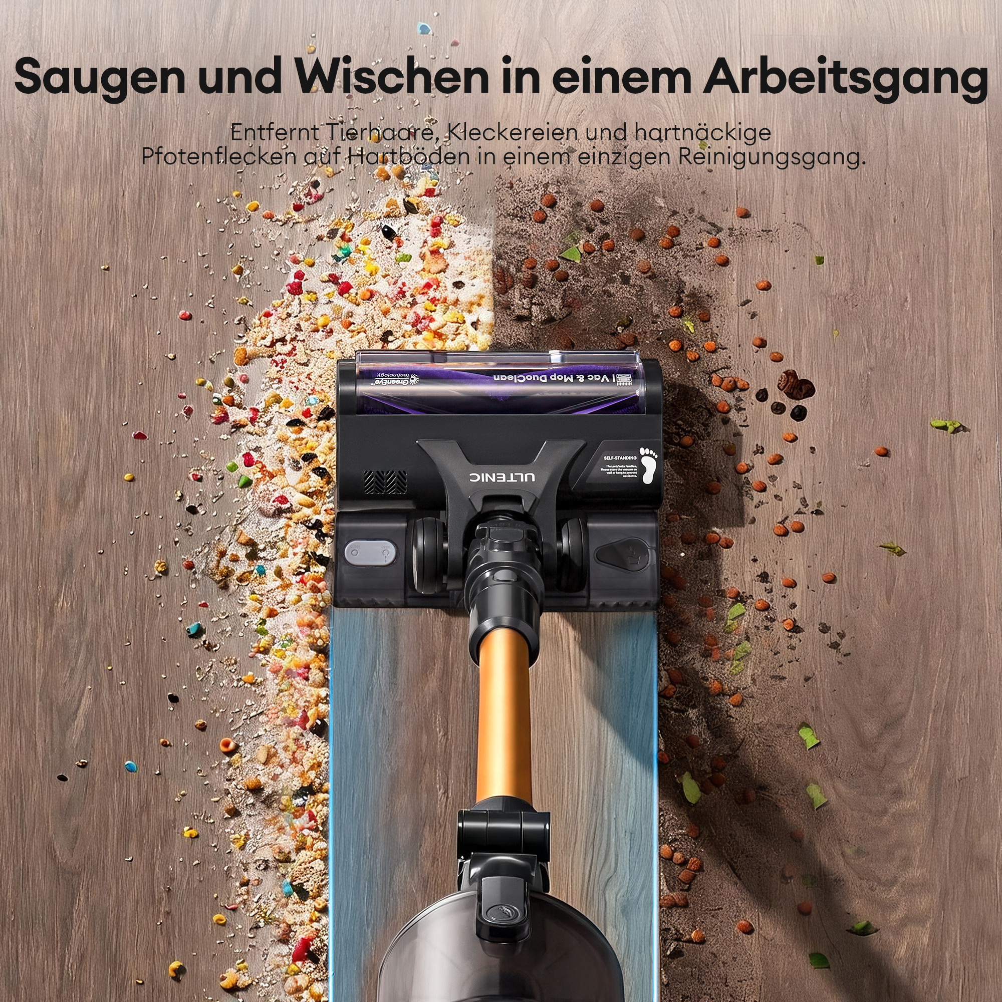 Staubsauger reinigt und wischt Holzfußboden von Schmutz und Tierhaaren.