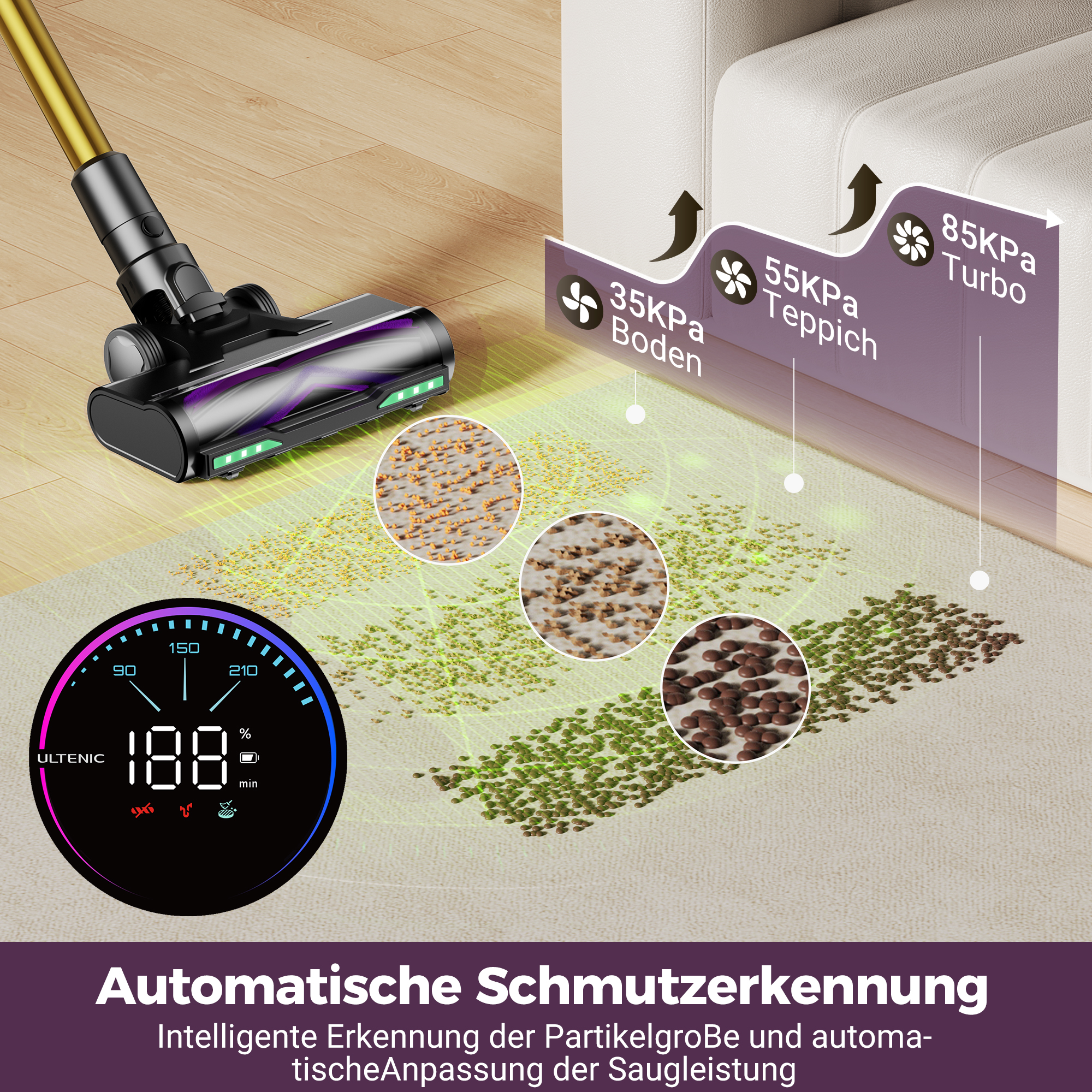 Staubsauger erkennt Schmutz und passt Saugkraft an. Zeigt 188% an.
