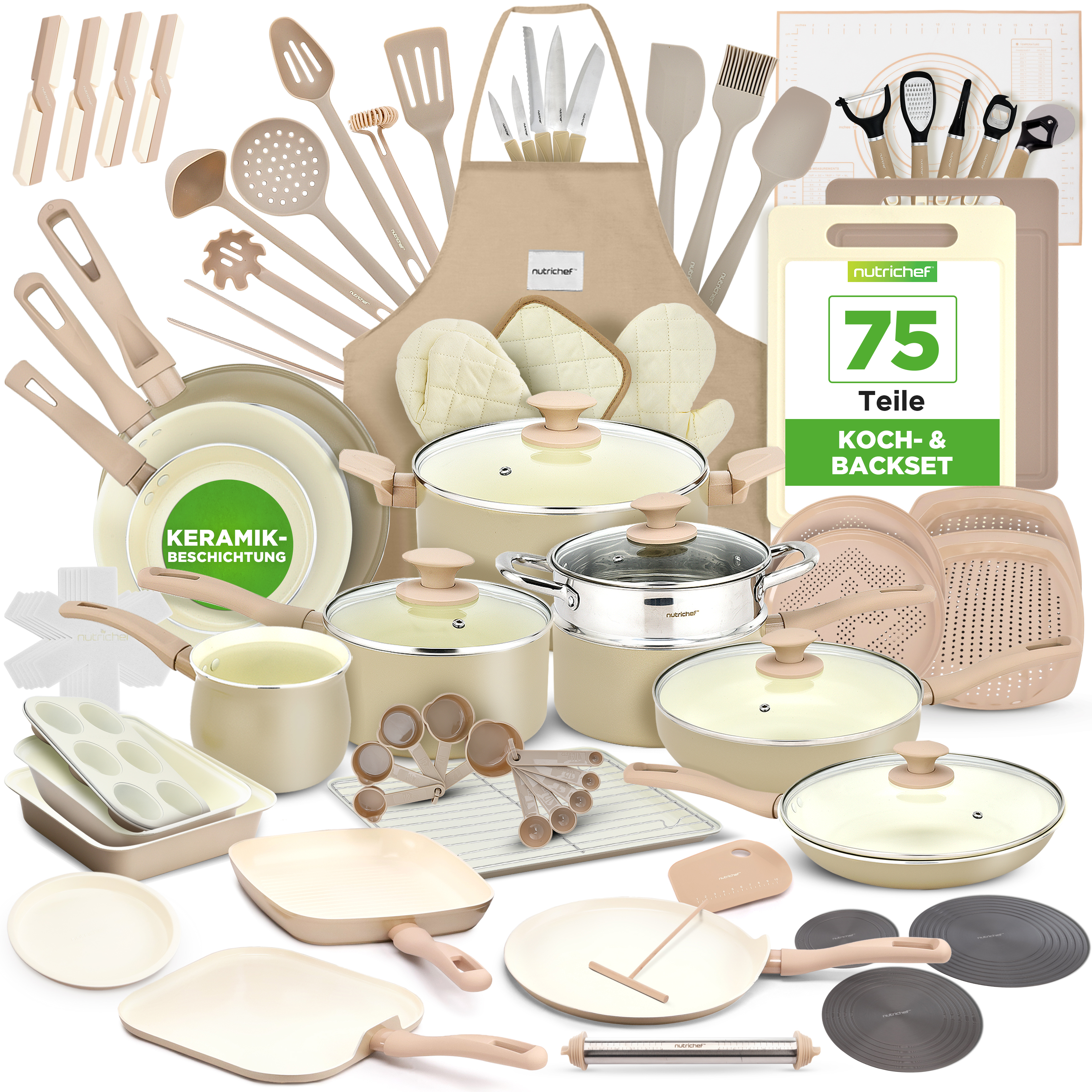 Ein Koch- und Backset mit 75 Teilen in Beige und Weiß, darunter Töpfe, Pfannen und Utensilien.