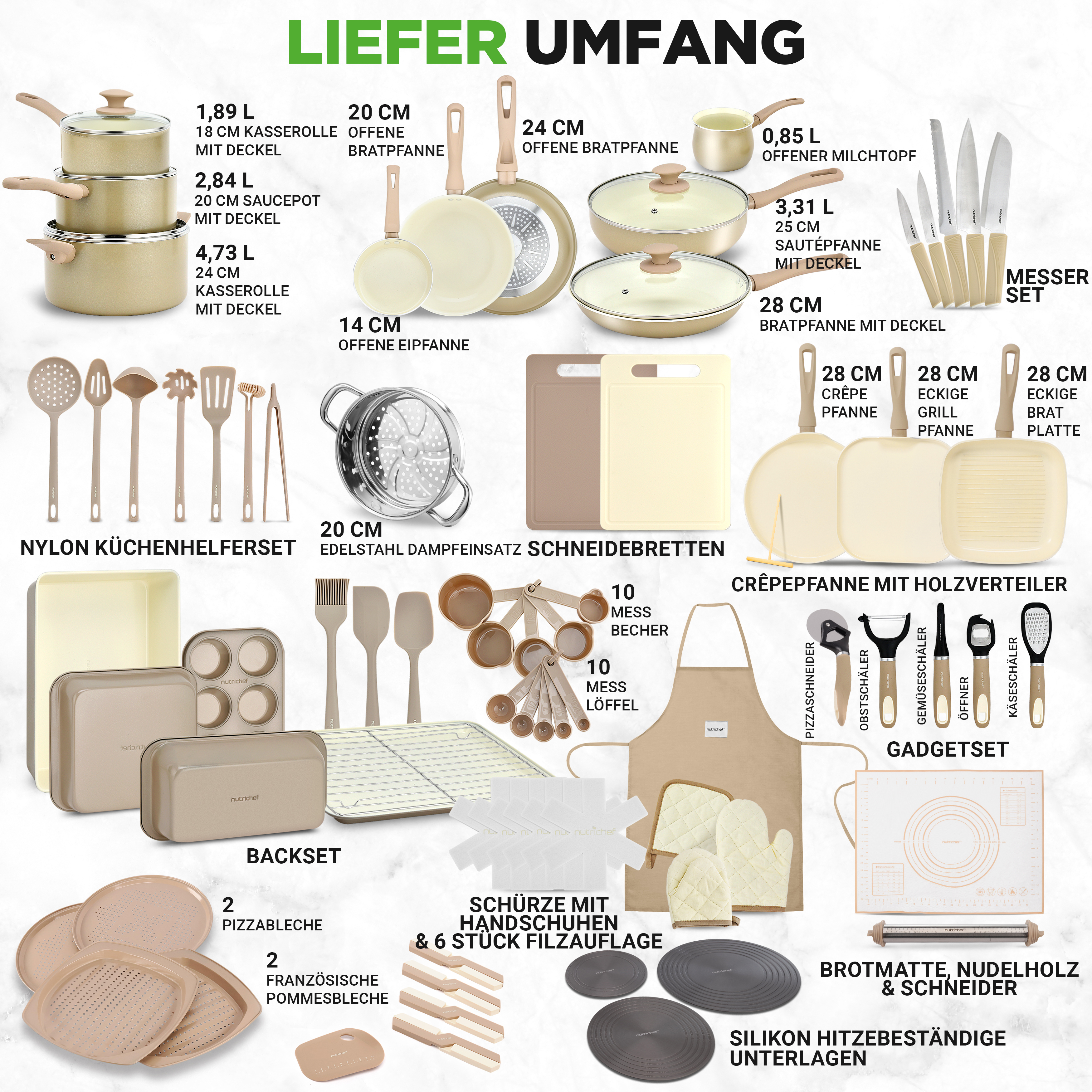 Umfangreiche Kollektion von Kochgeschirr, Küchenhelfern und Backutensilien.