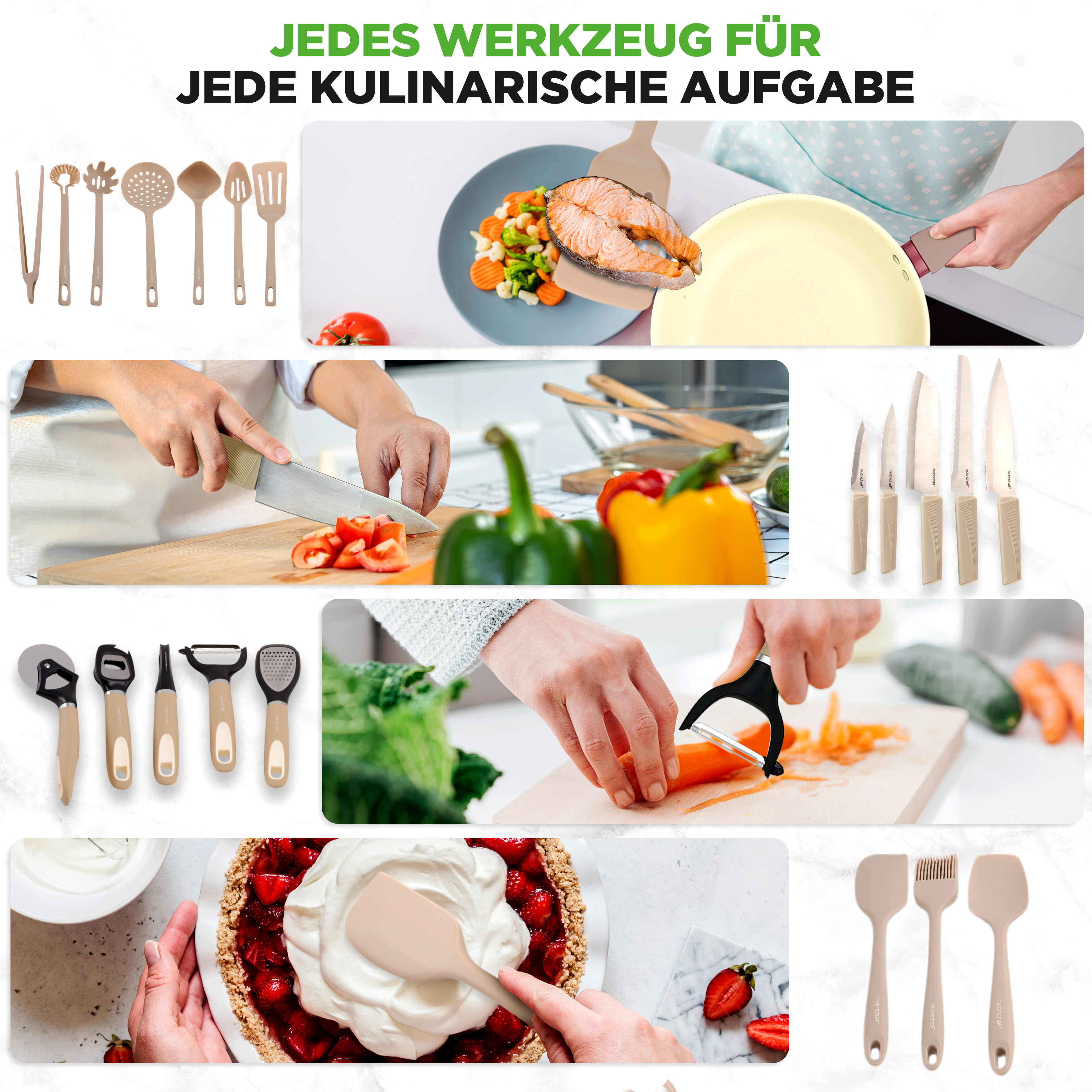 Küchenutensilien: Kochlöffel, Zange, Pfannenwender, Messer, Schäler, Tortenheber und Pinsel.