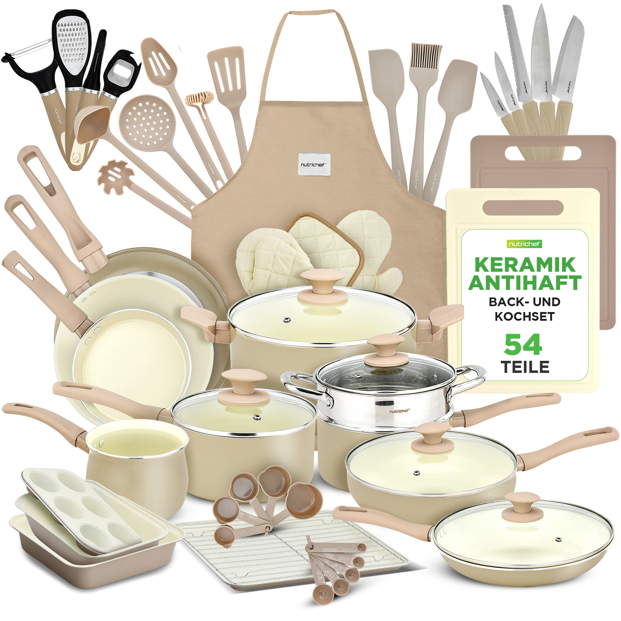 Ein Set aus Kochgeschirr und Küchenutensilien in Beige und Schwarz.
