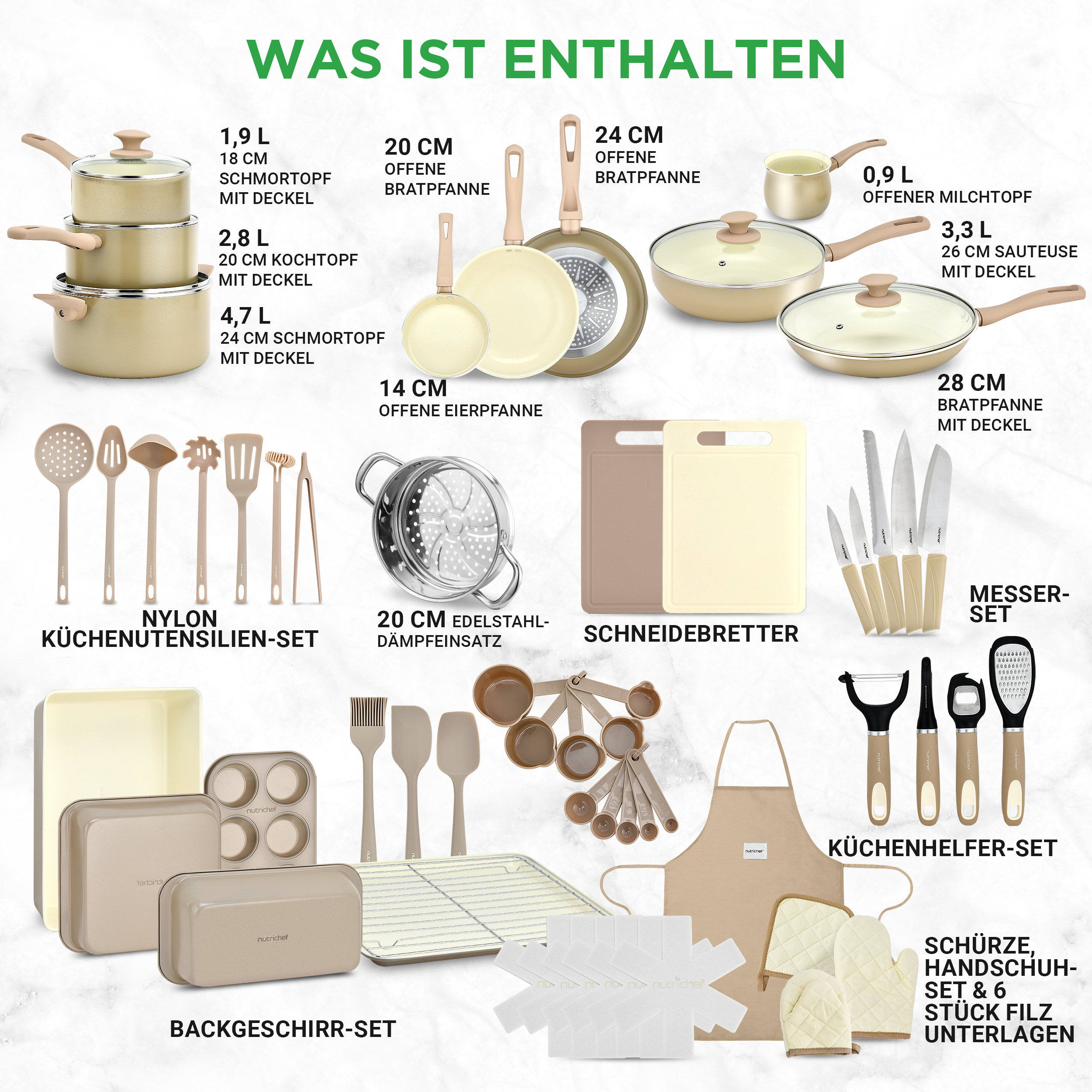 Eine Zusammenstellung von Küchenutensilien, Kochgeschirr und Backzubehör in Beige und Braun.