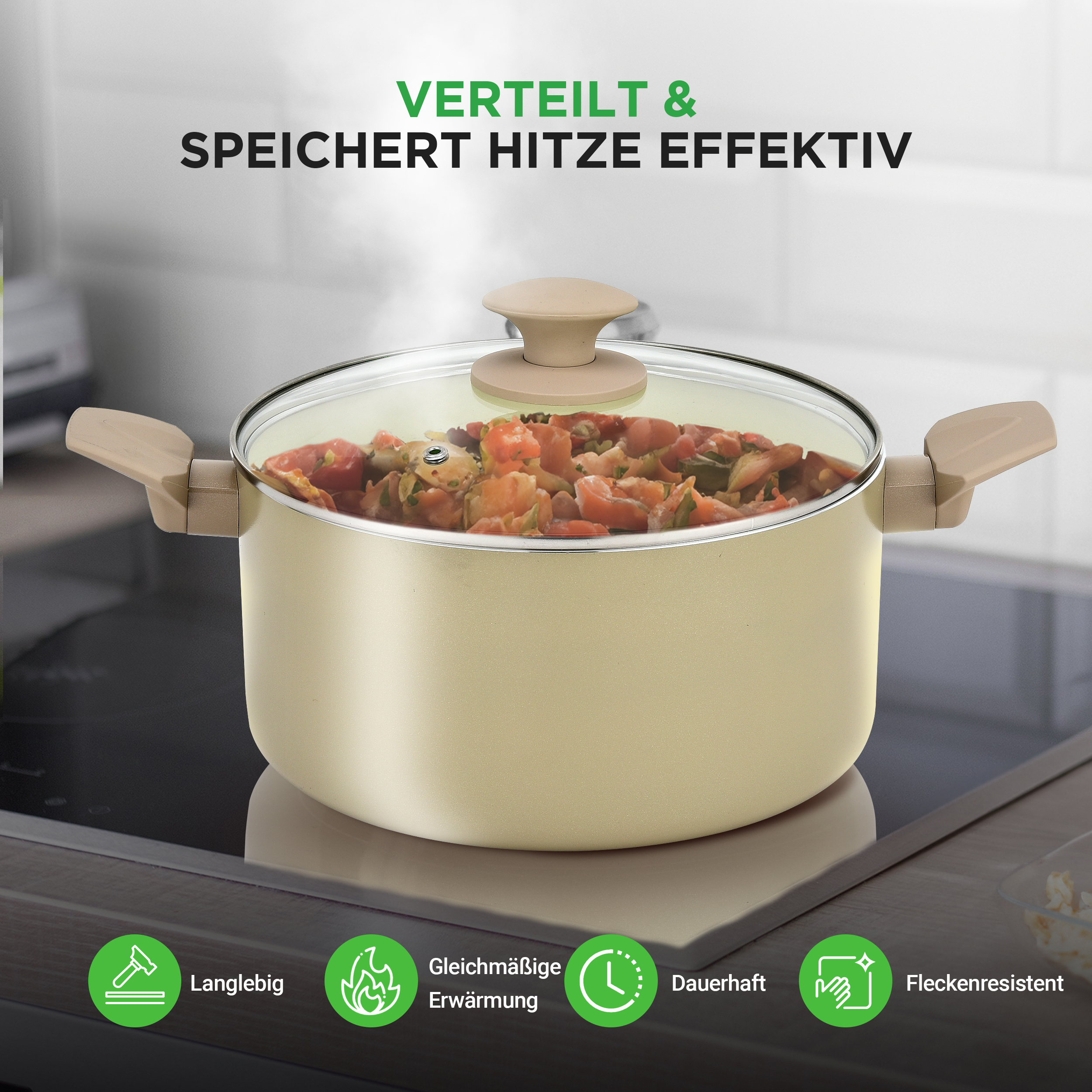 Eine beige Kochtopf mit Glasdeckel und Essen auf einem Herd.