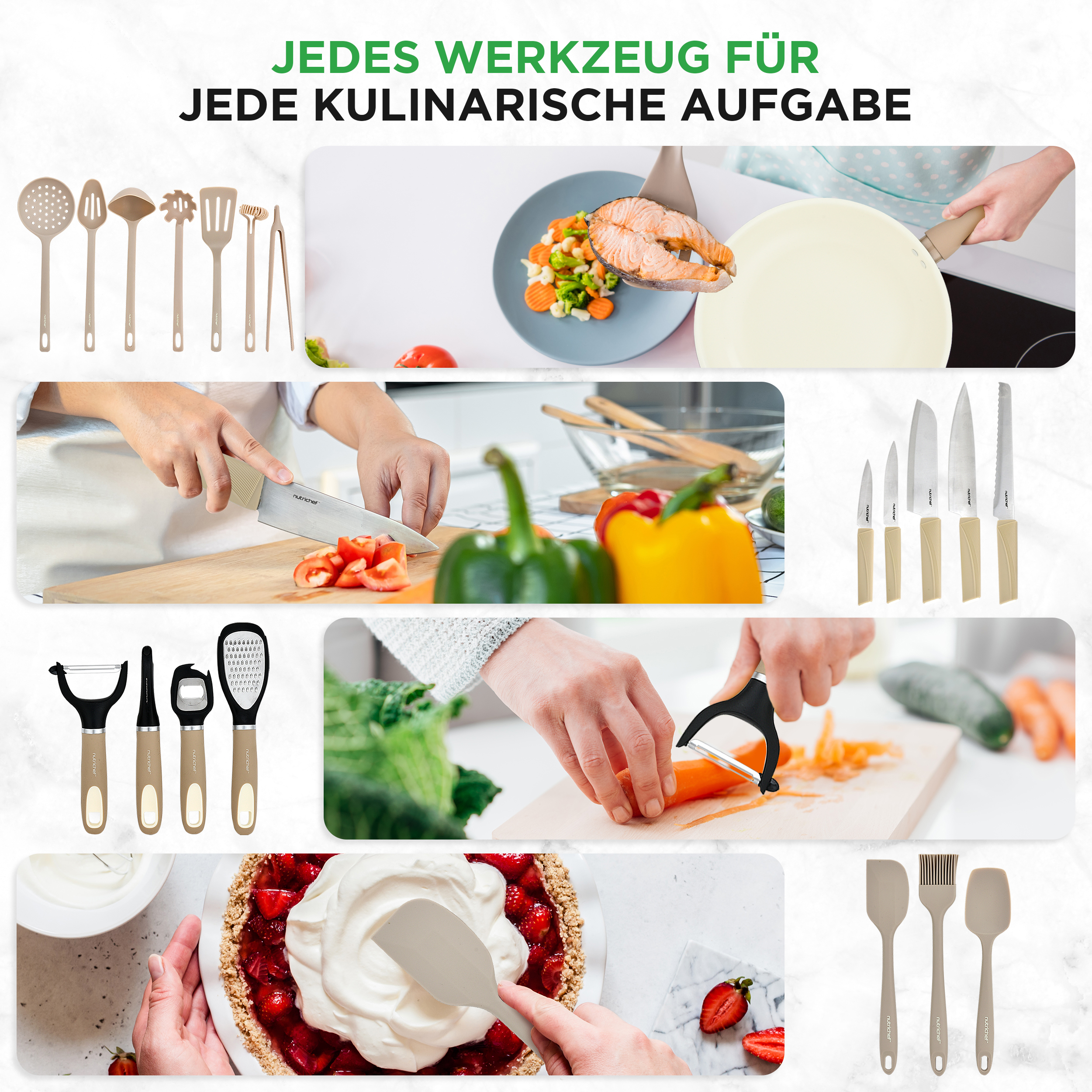 Mehrere Küchenutensilien: Löffel, Pfannenwender, Schäler, Messer und ein Kuchen.
