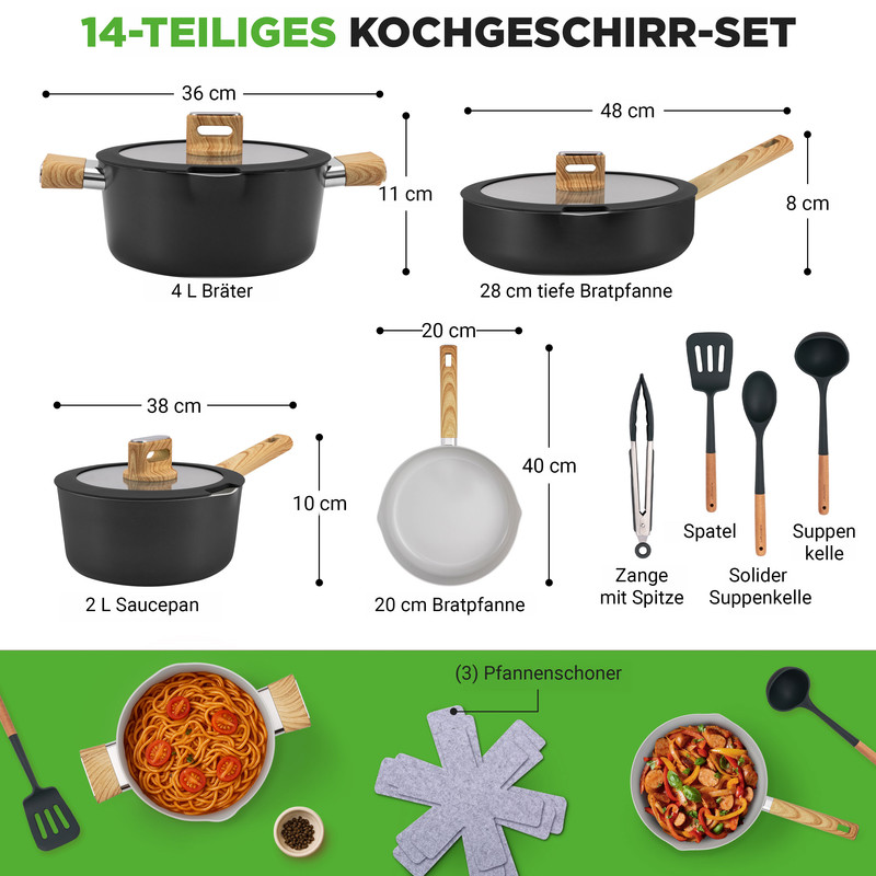 14-teiliges Kochgeschirr-Set mit Töpfen, Pfannen und Utensilien, mit Maßen.