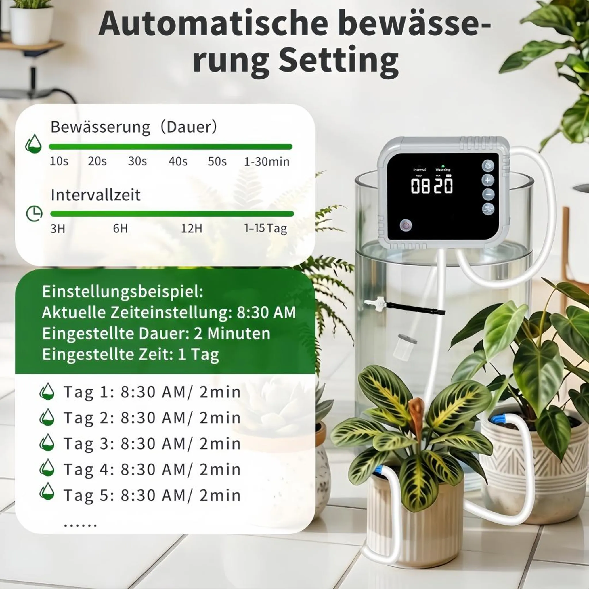 Automatisches Bewässerungssystem mit Zeiteinstellungen und Pflanzen.