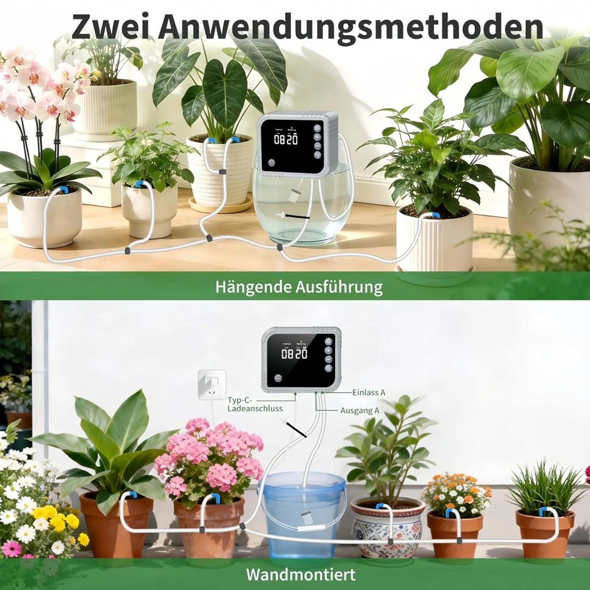 Zwei Methoden der automatischen Pflanzenbewässerung mit einem Gerät.