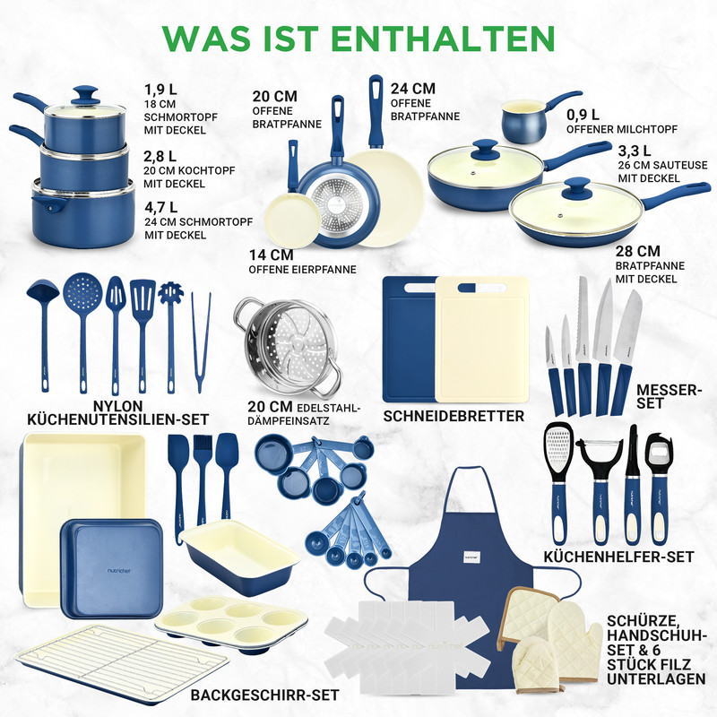 Eine Sammlung von Küchenutensilien, Kochgeschirr und Zubehör, blau und cremefarben.