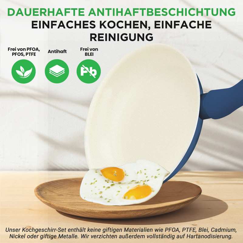 Ein Kochgeschirr-Set mit Pfanne, auf der zwei Spiegeleier serviert werden. Es ist frei von PFOA, PFOS, PTFE und Blei.