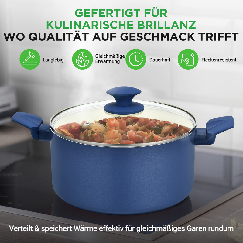 Blauer Topf mit Essen auf einem Kochfeld, mit deutschen Text-Overlays.