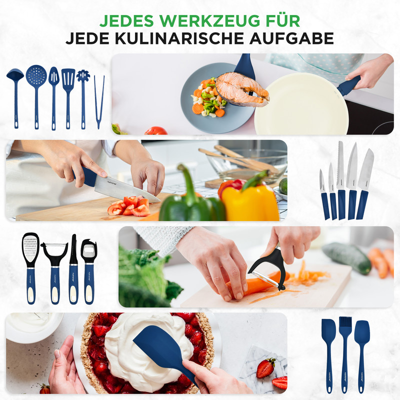 Küchenutensilien wie Kochlöffel, Schäler und Messer werden gezeigt.