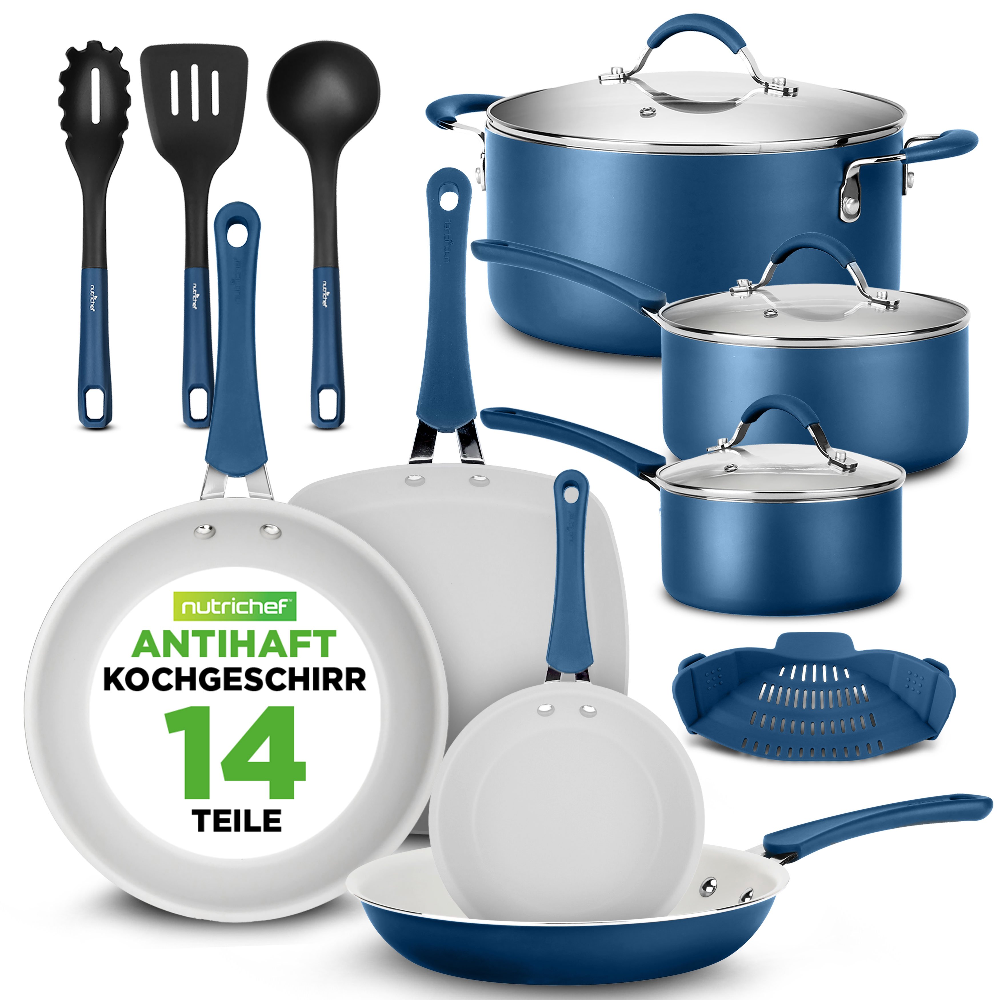 Kochgeschirr-Set in Blau: Töpfe, Pfannen, Kochutensilien und Sieb.